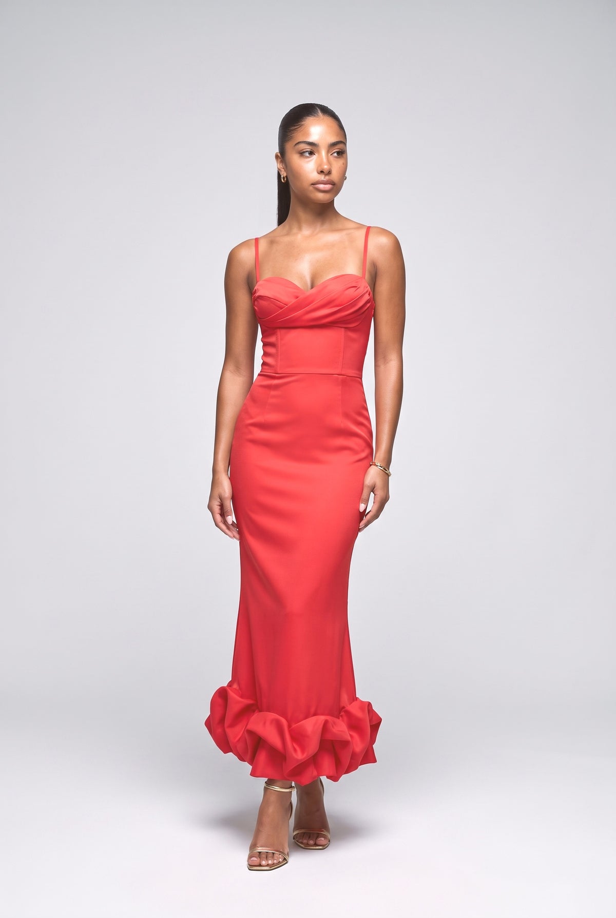 Satin Sweetheart Ruffle Maxi Dress, red
