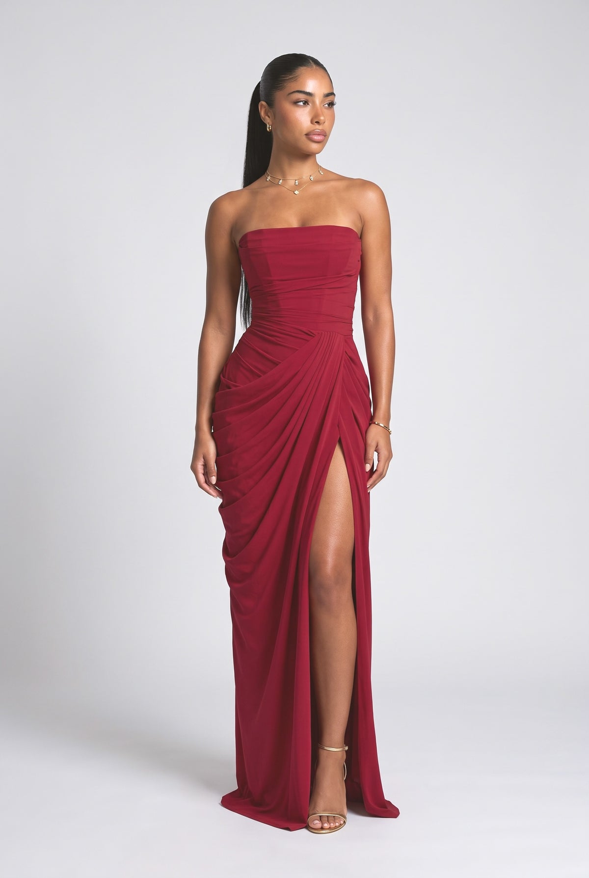 Strapless Pleated Maxi Dress, red