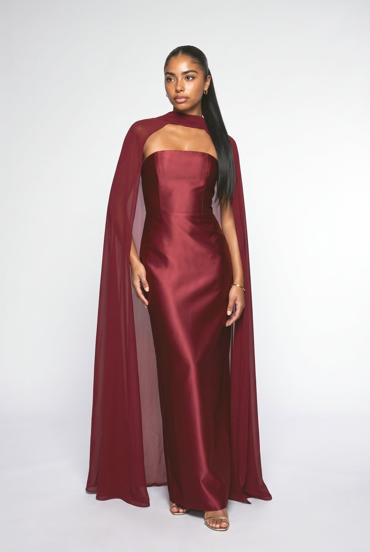 Satin Strapless Cape Maxi Dress, red