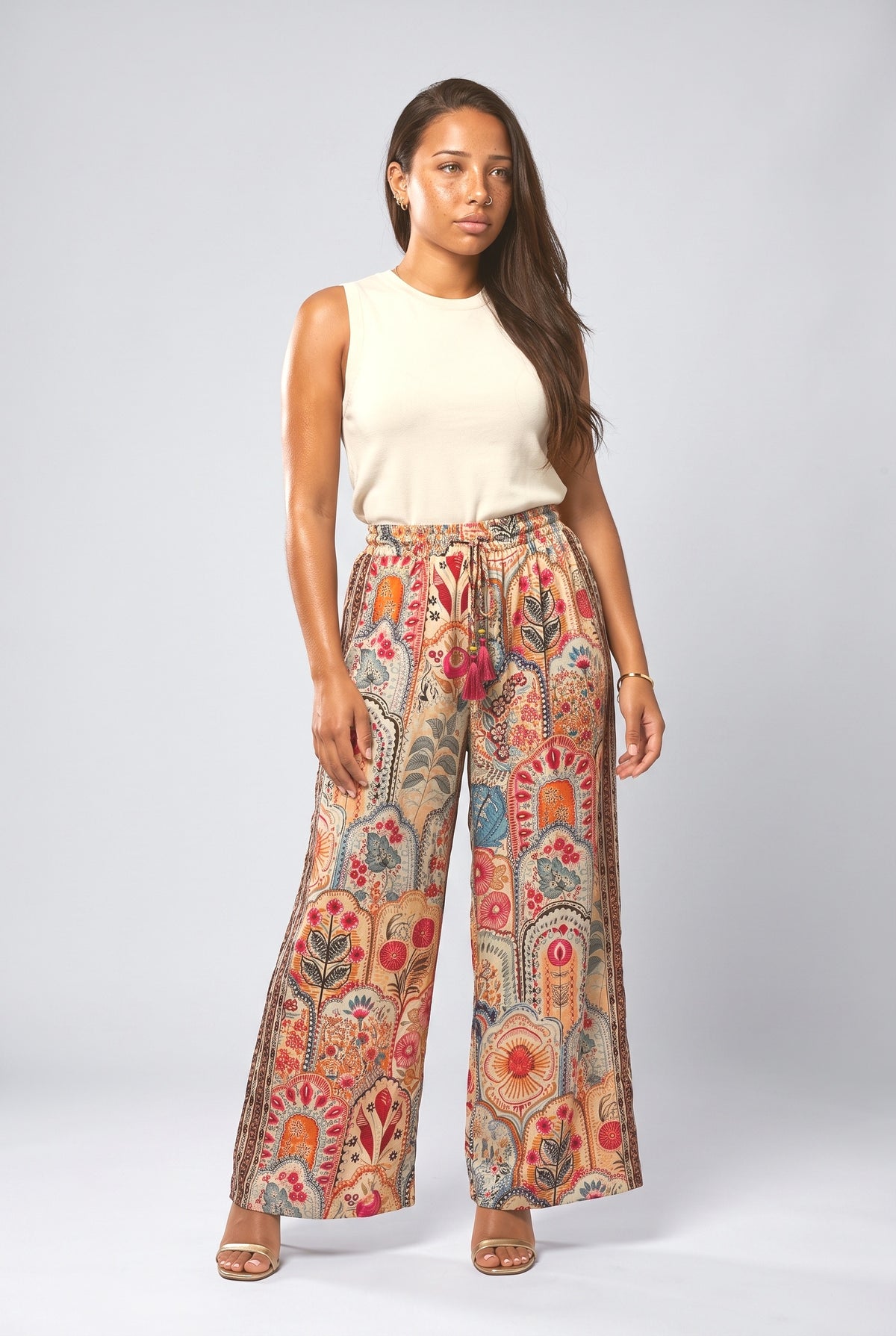 Boho Print Tassel Detail Elastic Waist Pocket Wide-Leg Pants, red
