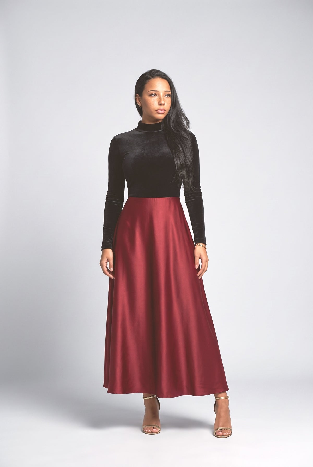 Velvet Satin Color-blocked Maxi Dress, red