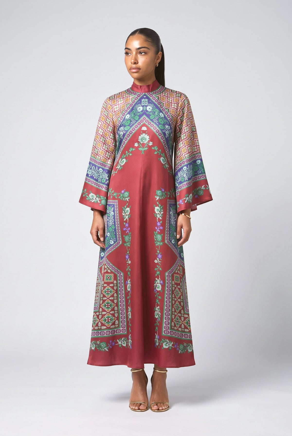 Red Floral Satin Maxi Dress, red