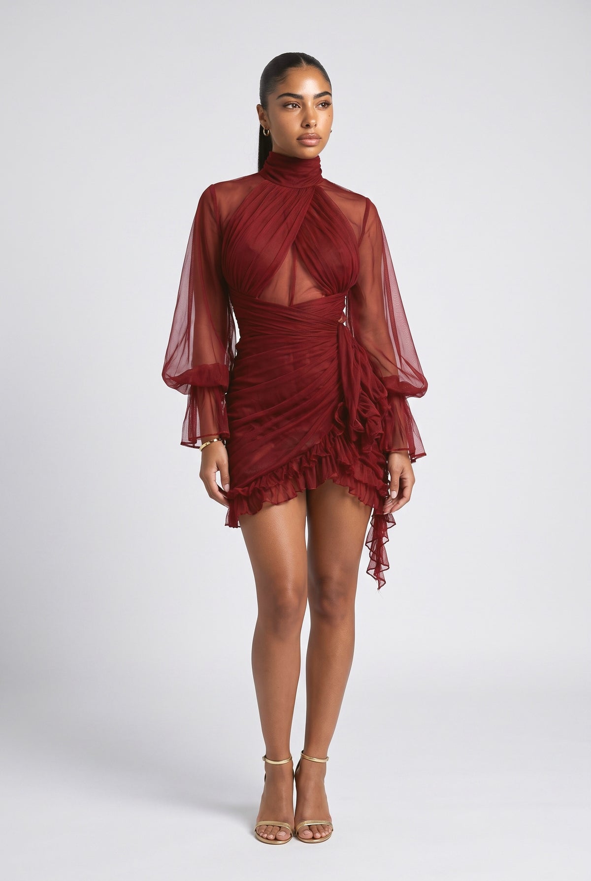Tulle Pleated Mini Dress, red