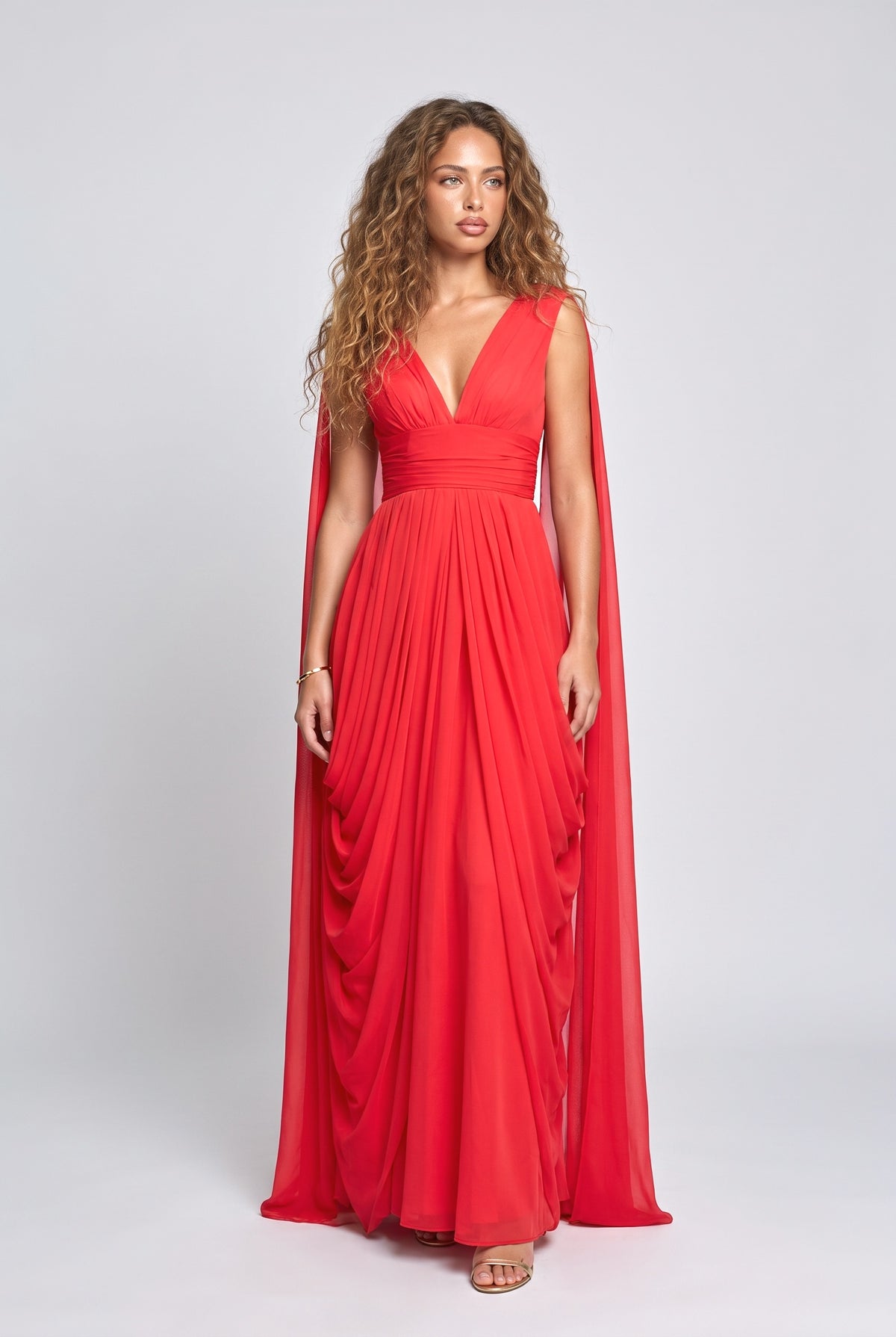 Draped Chiffon Evening Maxi Dress, red