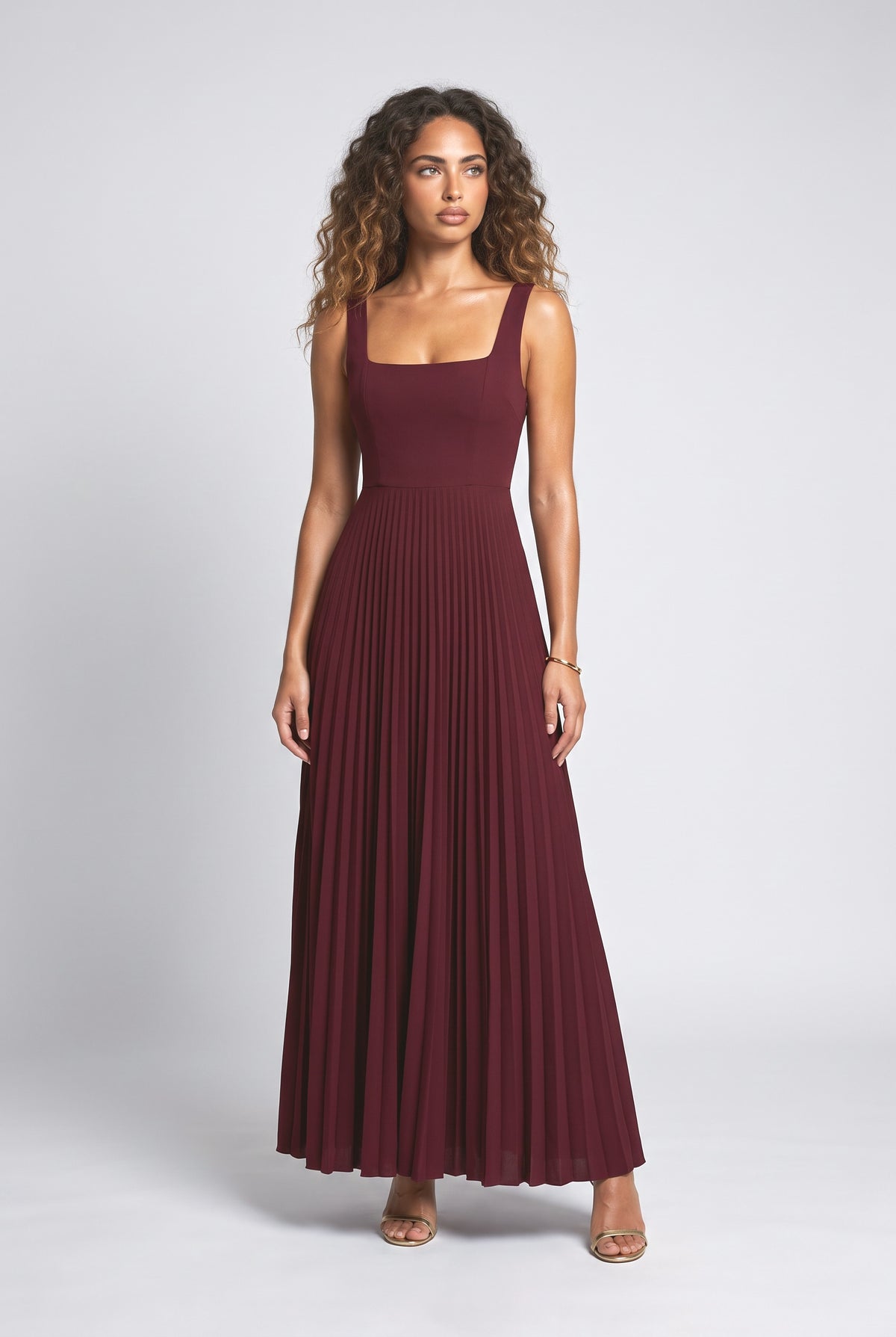 Square Neck Pleated Maxi Dress, red