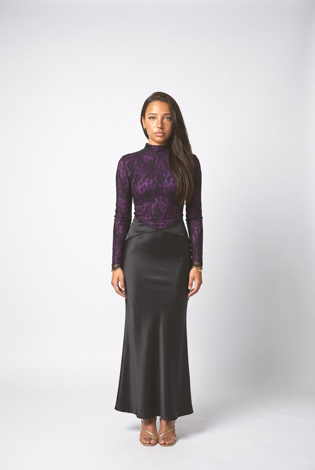 Lace Bodice Satin Mermaid Maxi Dress, red