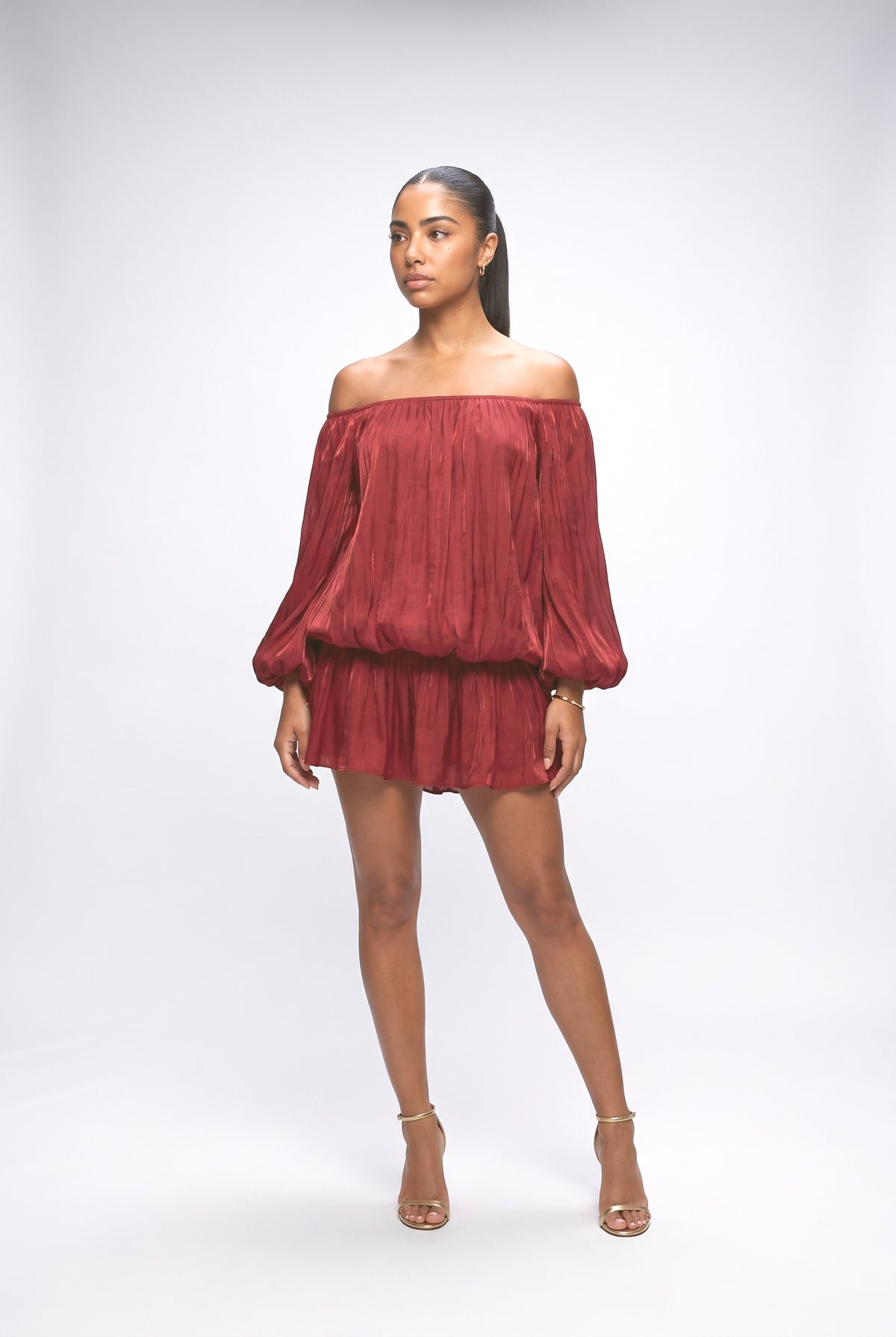 Red Off-Shoulder Ruched Mini Dress, red