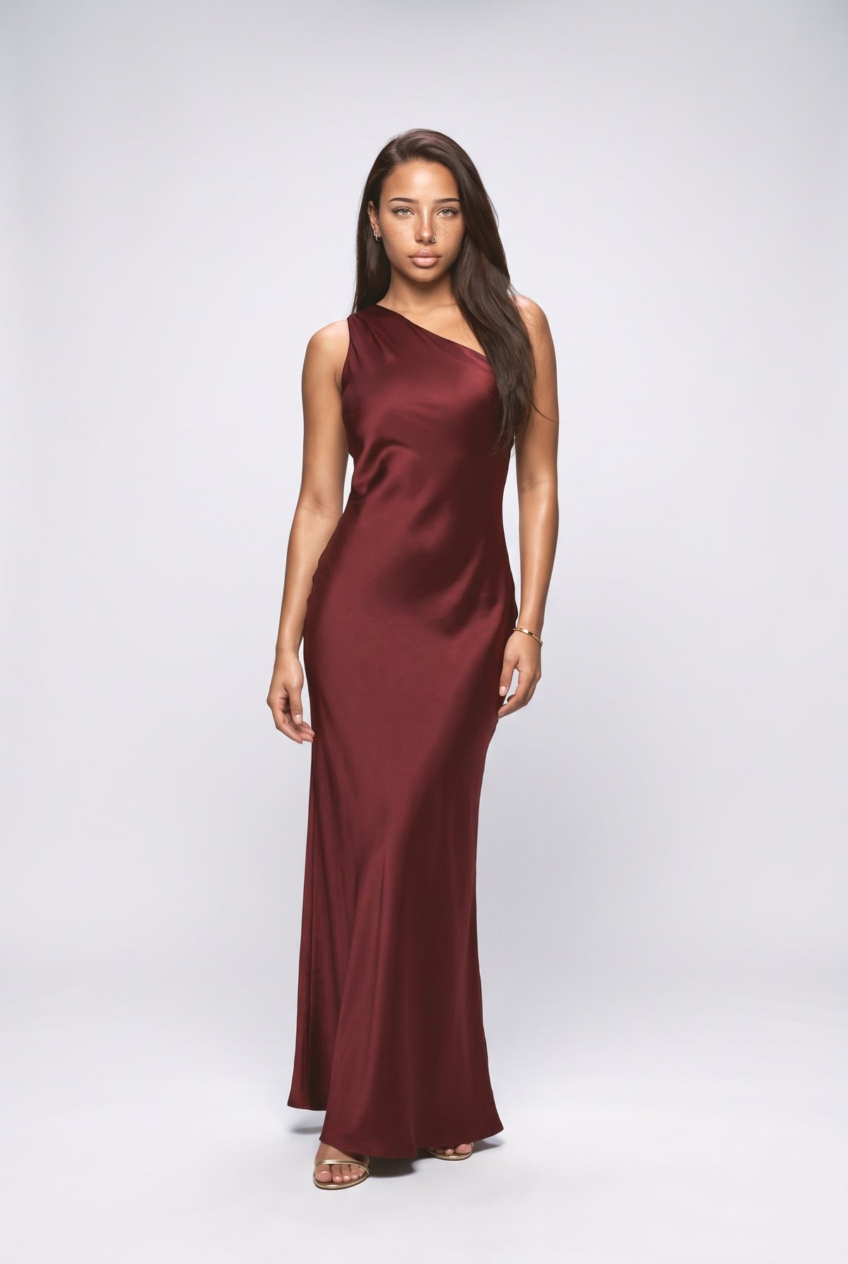 Red Satin One-Shoulder Asymmetric Maxi Dress, red