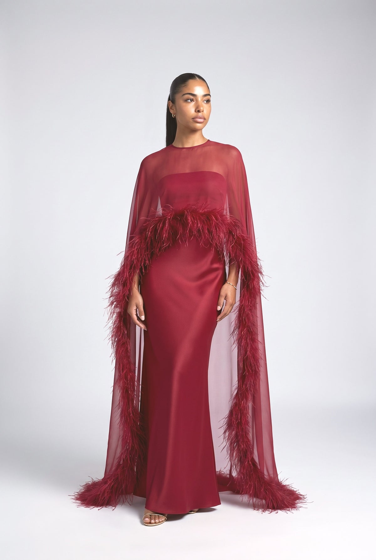 Satin Feather Trim Maxi Dress, red