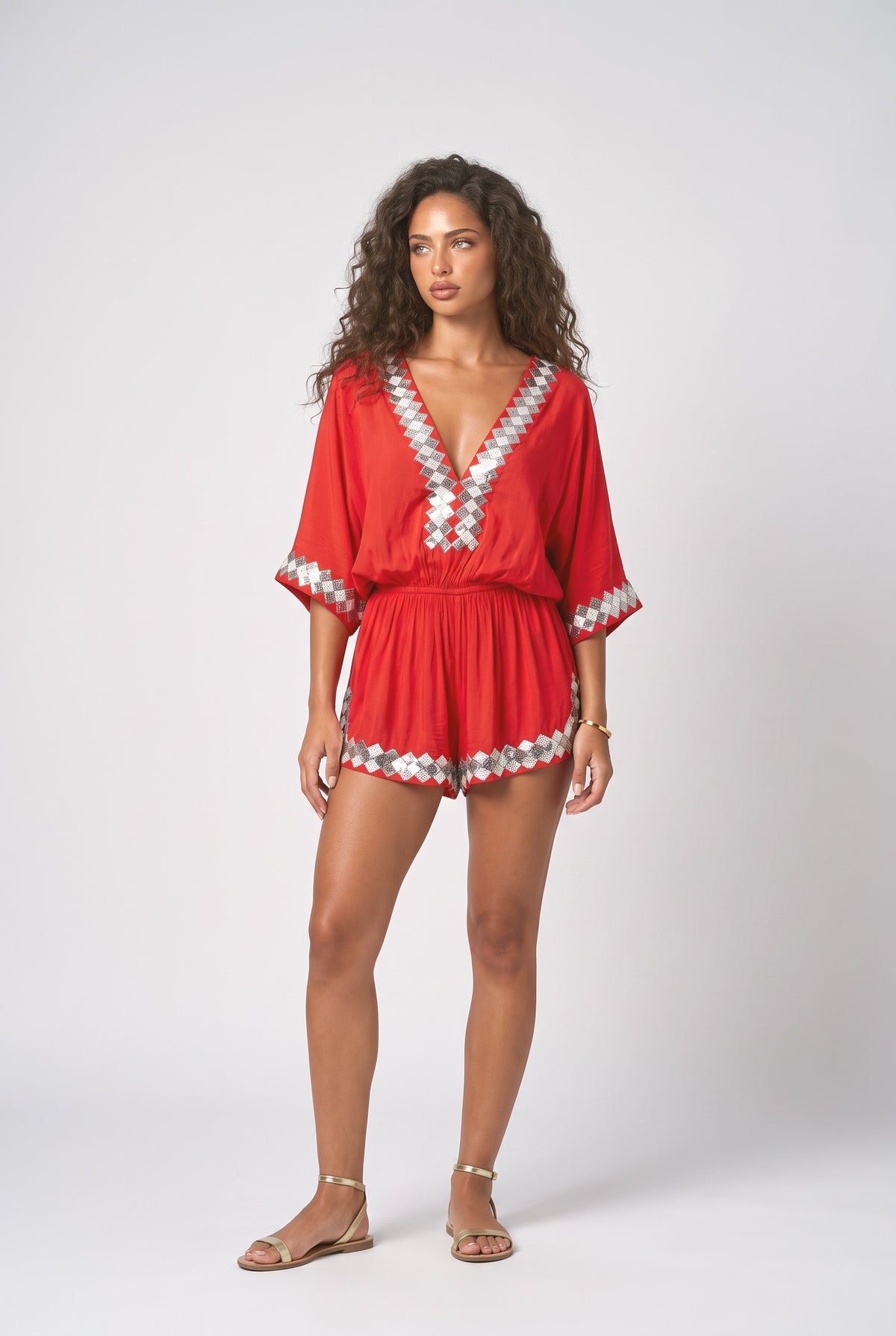 Bohemian Beach Print Kimono Romper, red