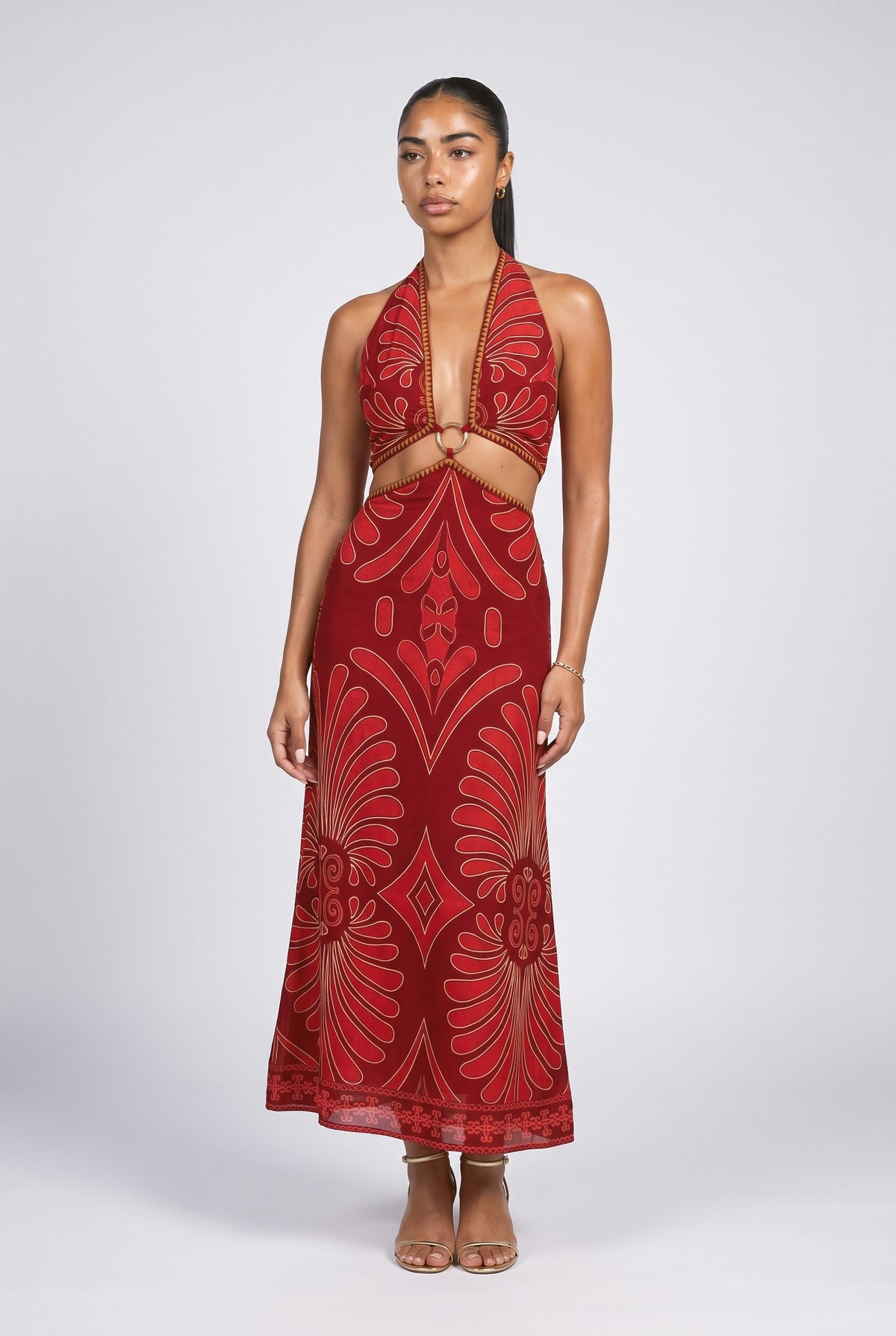 Red Halter Neck Cutout Maxi Dress, red