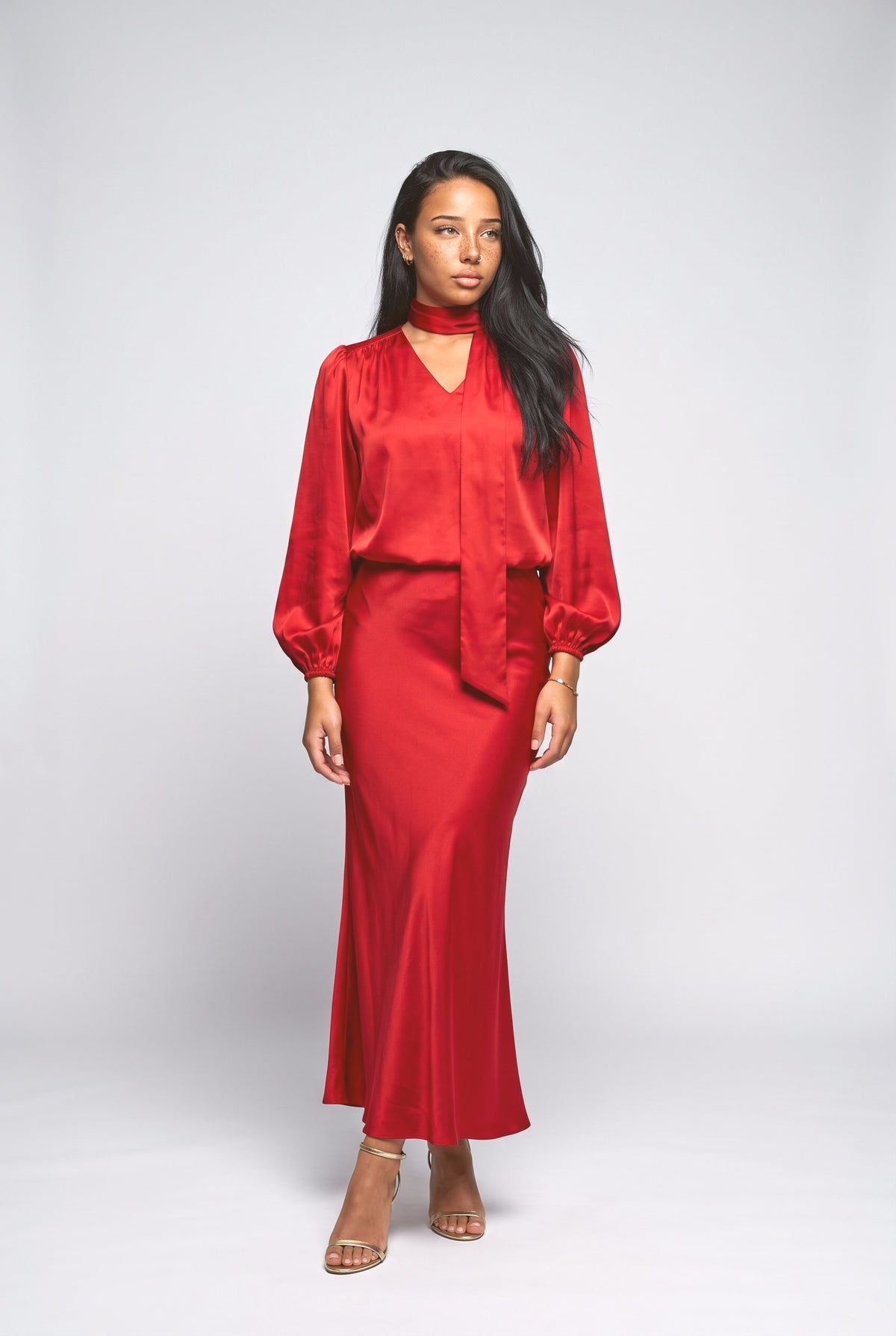 Satin Puff Sleeve Outfit Set, red