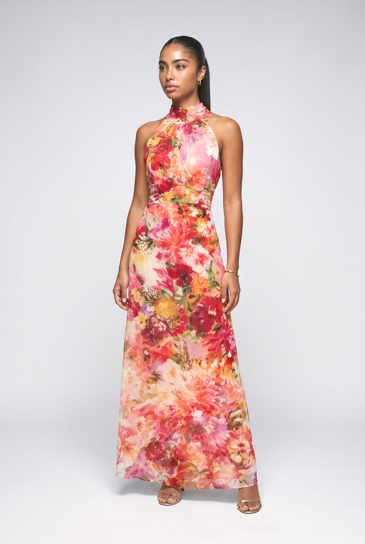 Red Floral Chiffon Halter Neck Sleeveless A-Line Maxi Dress, red