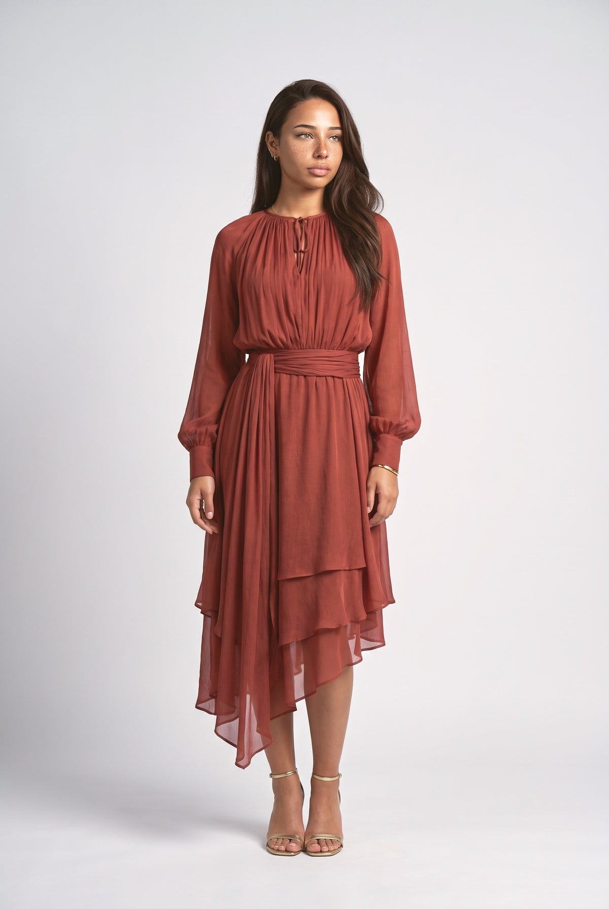 Chiffon Long Sleeve Asymmetric Midi Dress, red