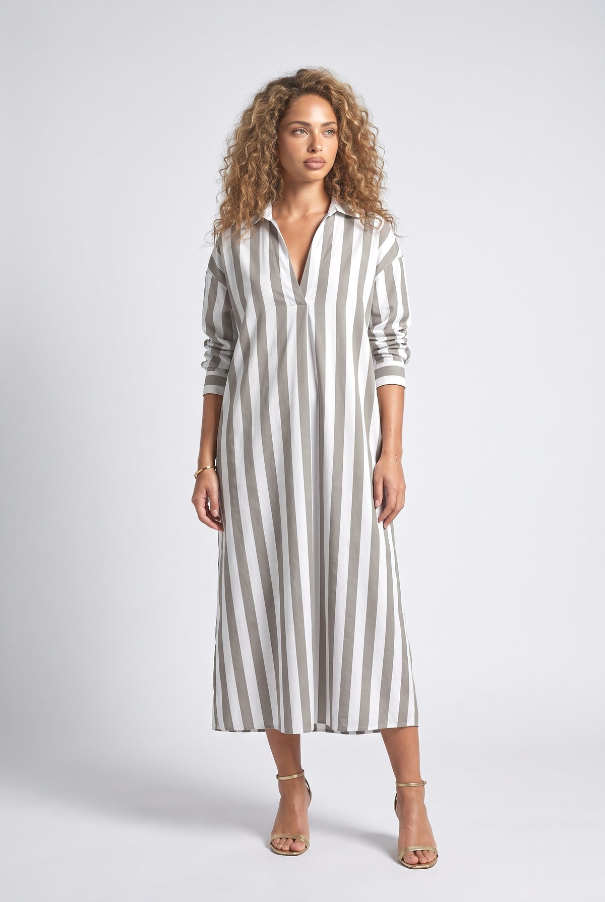 Striped V-Neck Dress, red