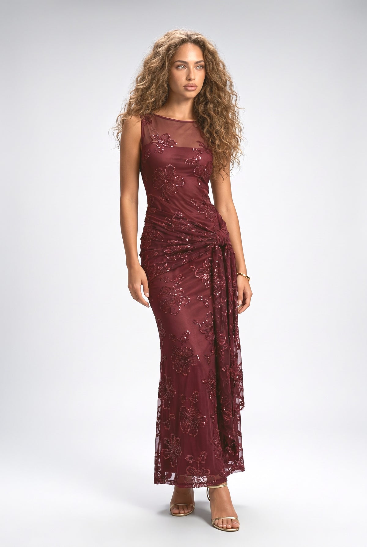 Floral Mesh Ruched Maxi Dress, red
