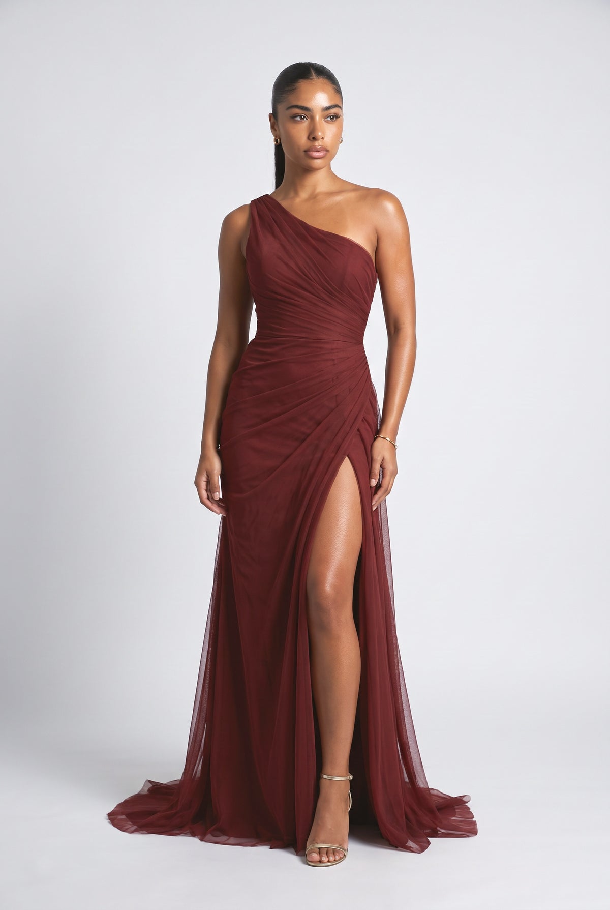 Tulle One-Shoulder Ruched Maxi Dress, red