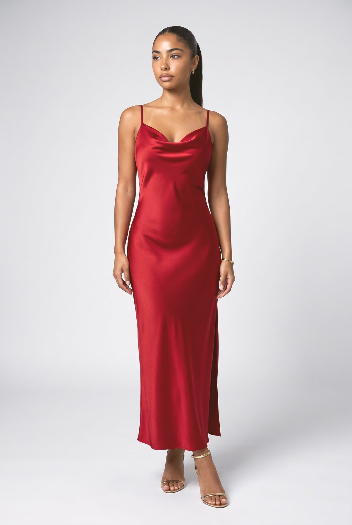 Satin Slit Maxi Dress, red