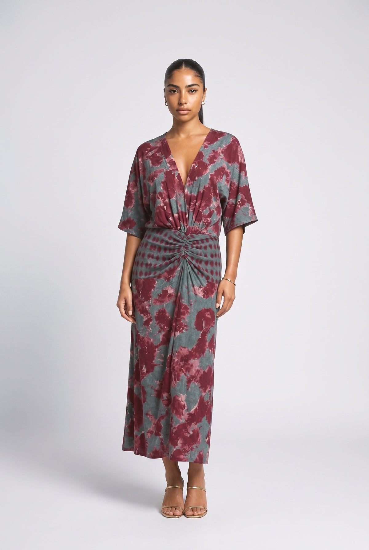 Abstract Tie-Dye Print Kimono Sleeve Maxi Dress, red