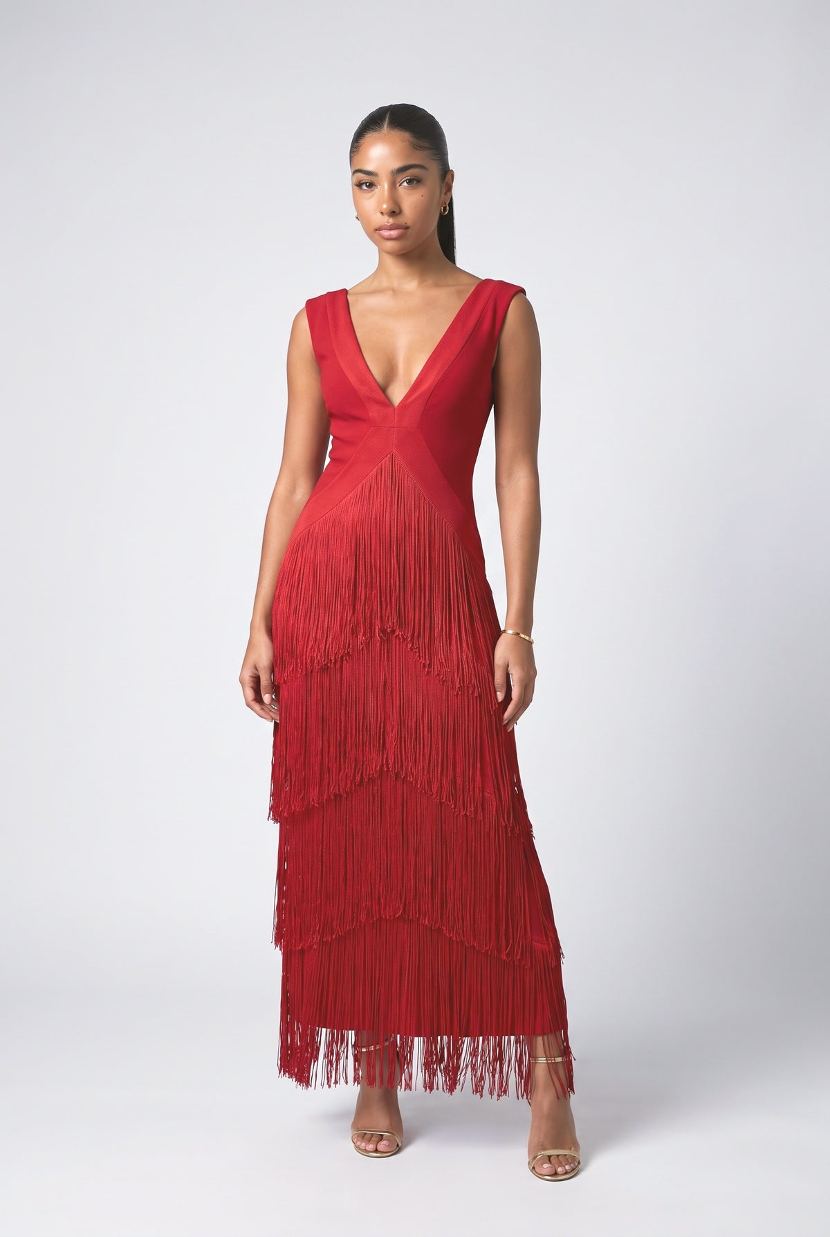 Red V-Neck Sleeveless Tiered Maxi Dress, red