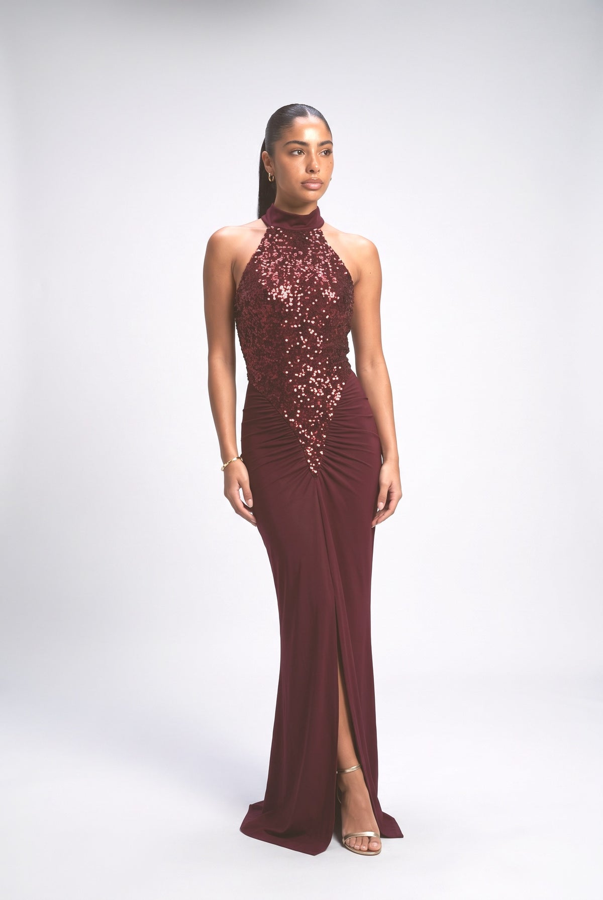 Red Sequin Halter Neck Maxi Dress, red