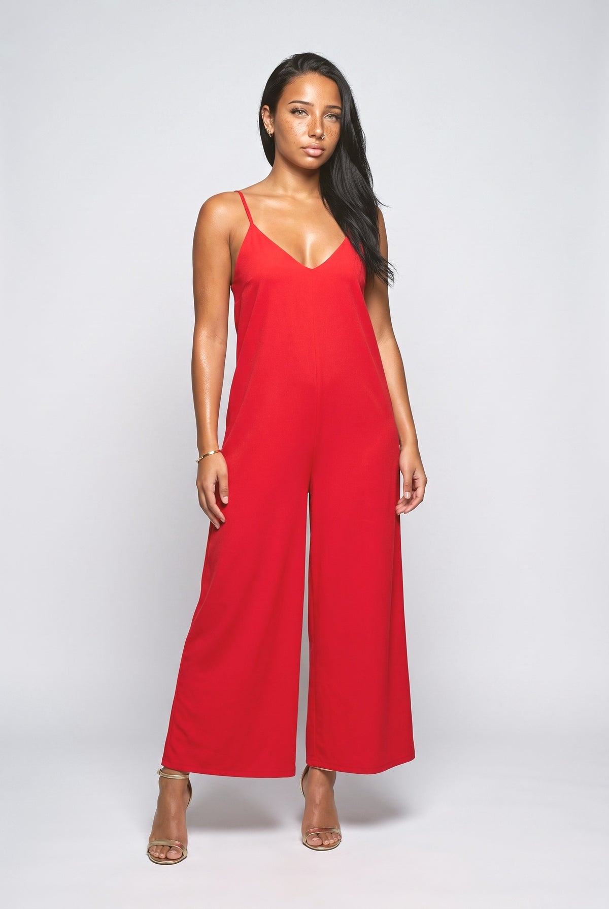 Resort Metallic Detail Strappy Wide-Leg Jumpsuit, red