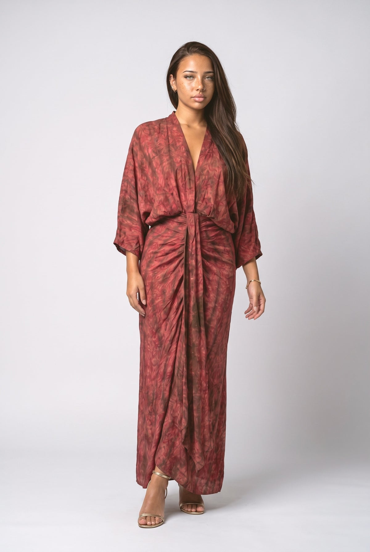 Bohemian Kimono-Inspired Tie-Dye Waisted Maxi Dress, red