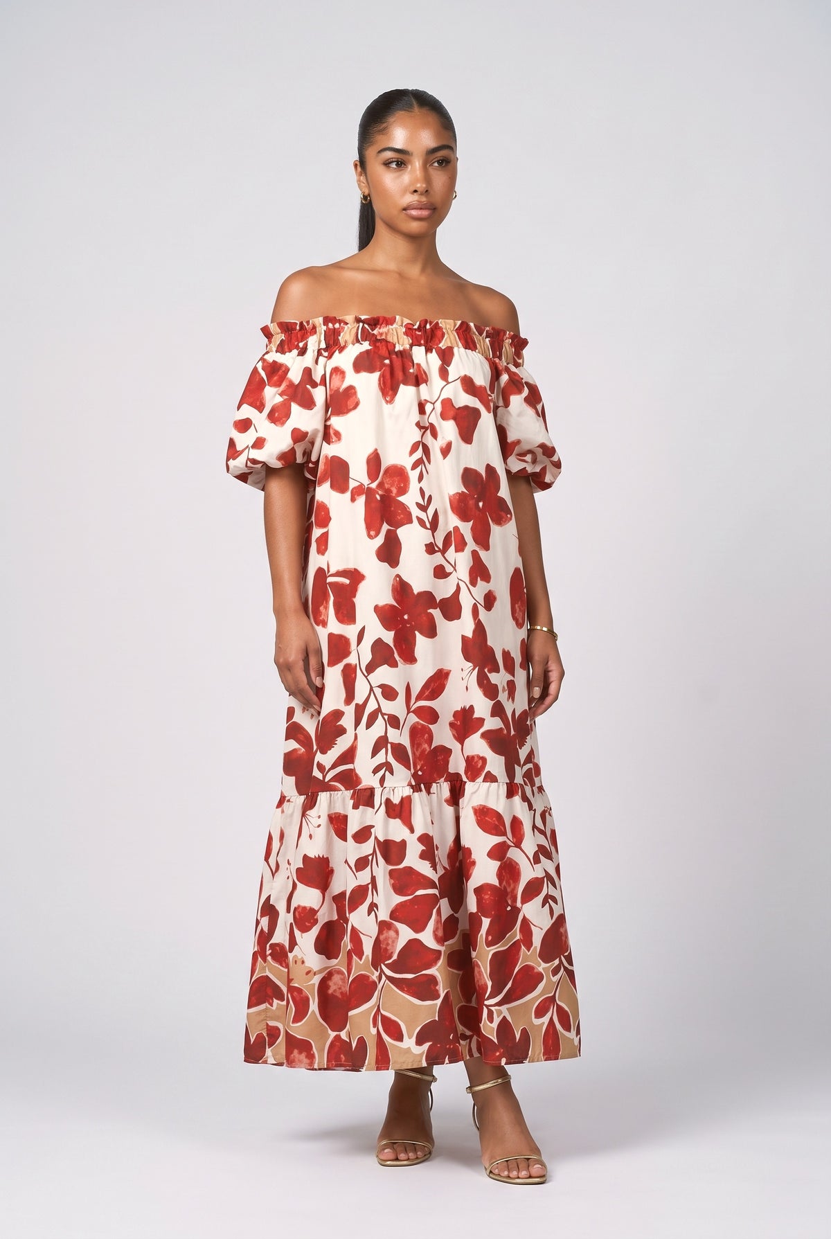 Red Floral Off-Shoulder Puff Sleeve Maxi Dress, red