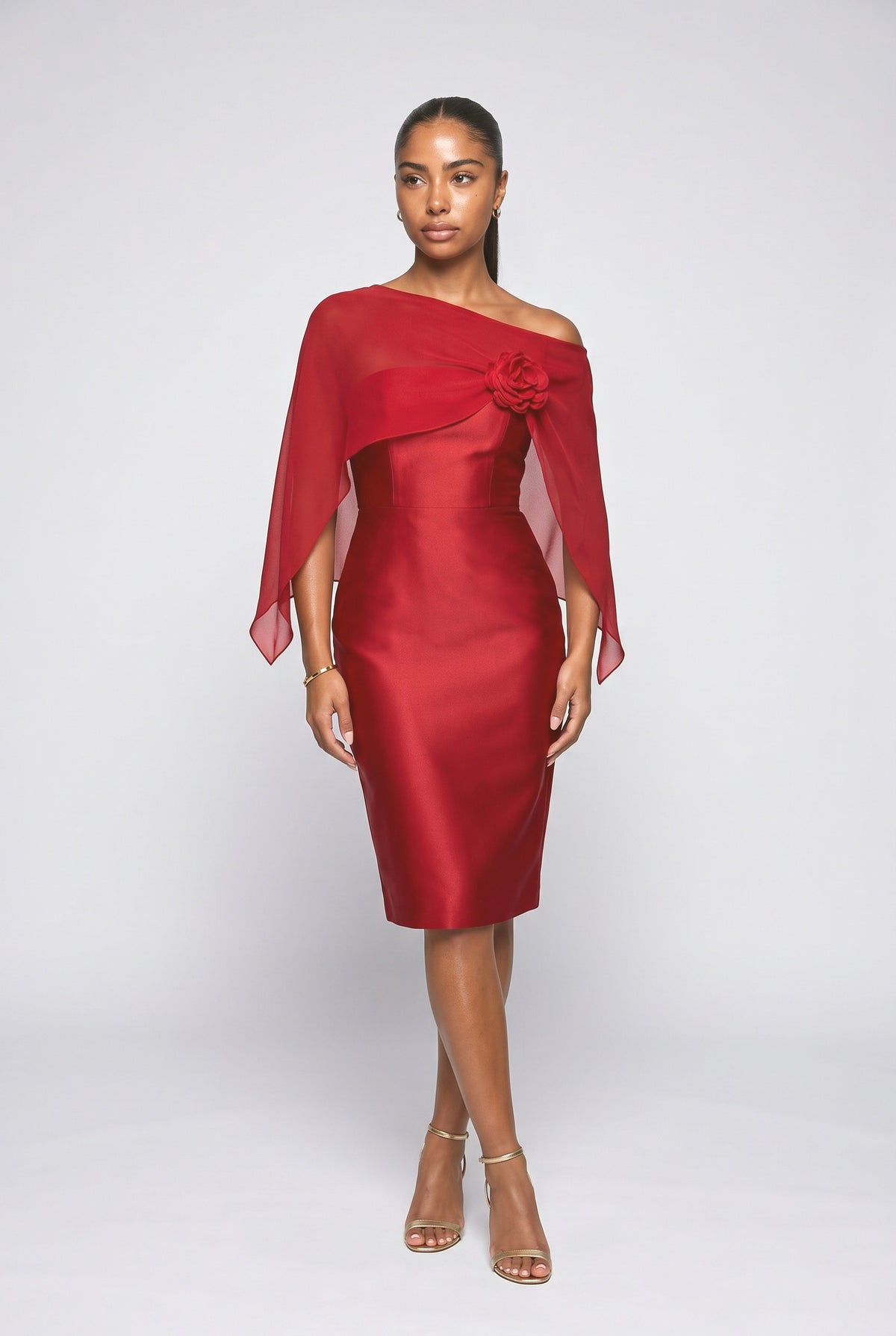Satin One-Shoulder Asymmetric Midi Dress, red