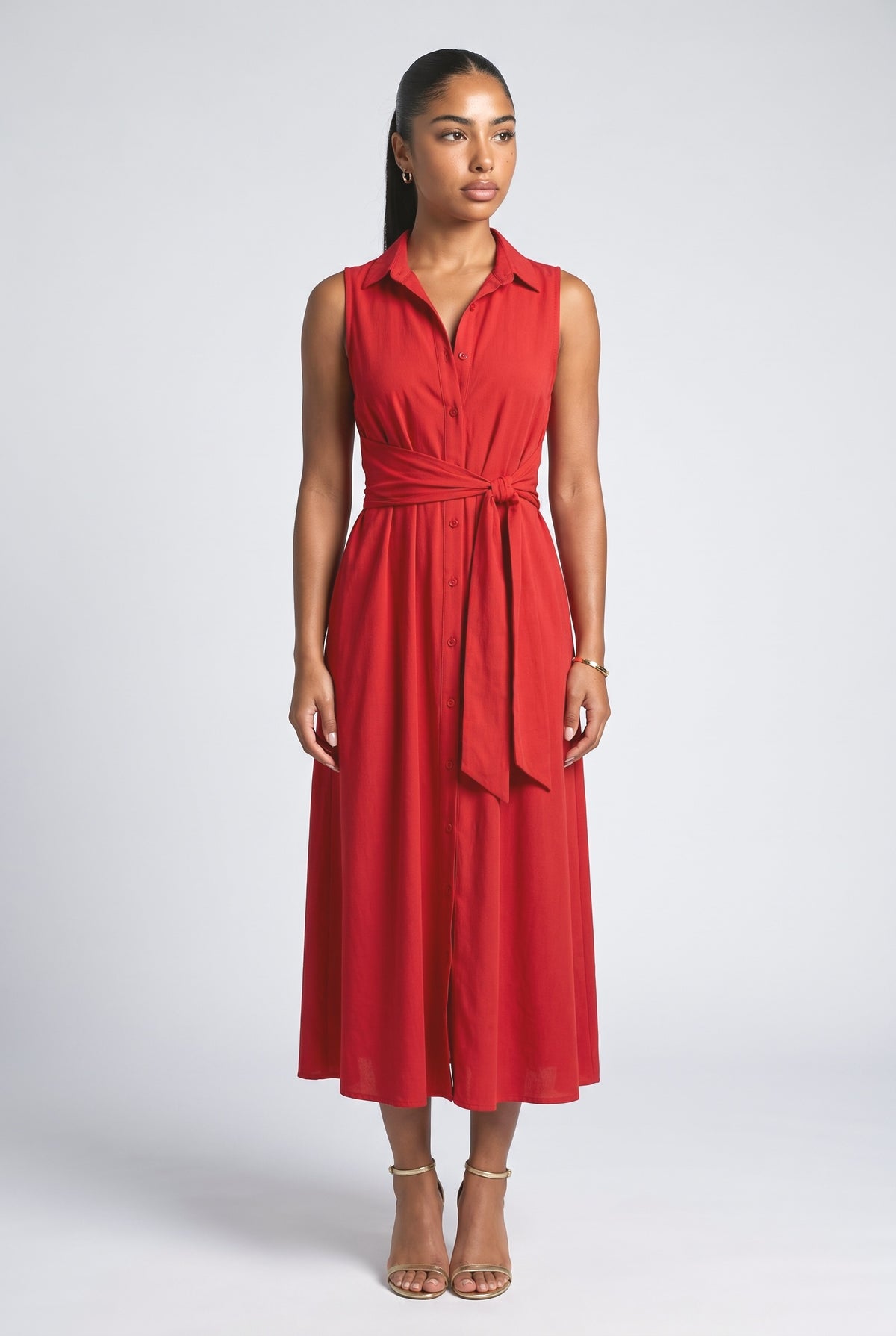 Shirt Style Single-breasted Tie Midi Dress, red