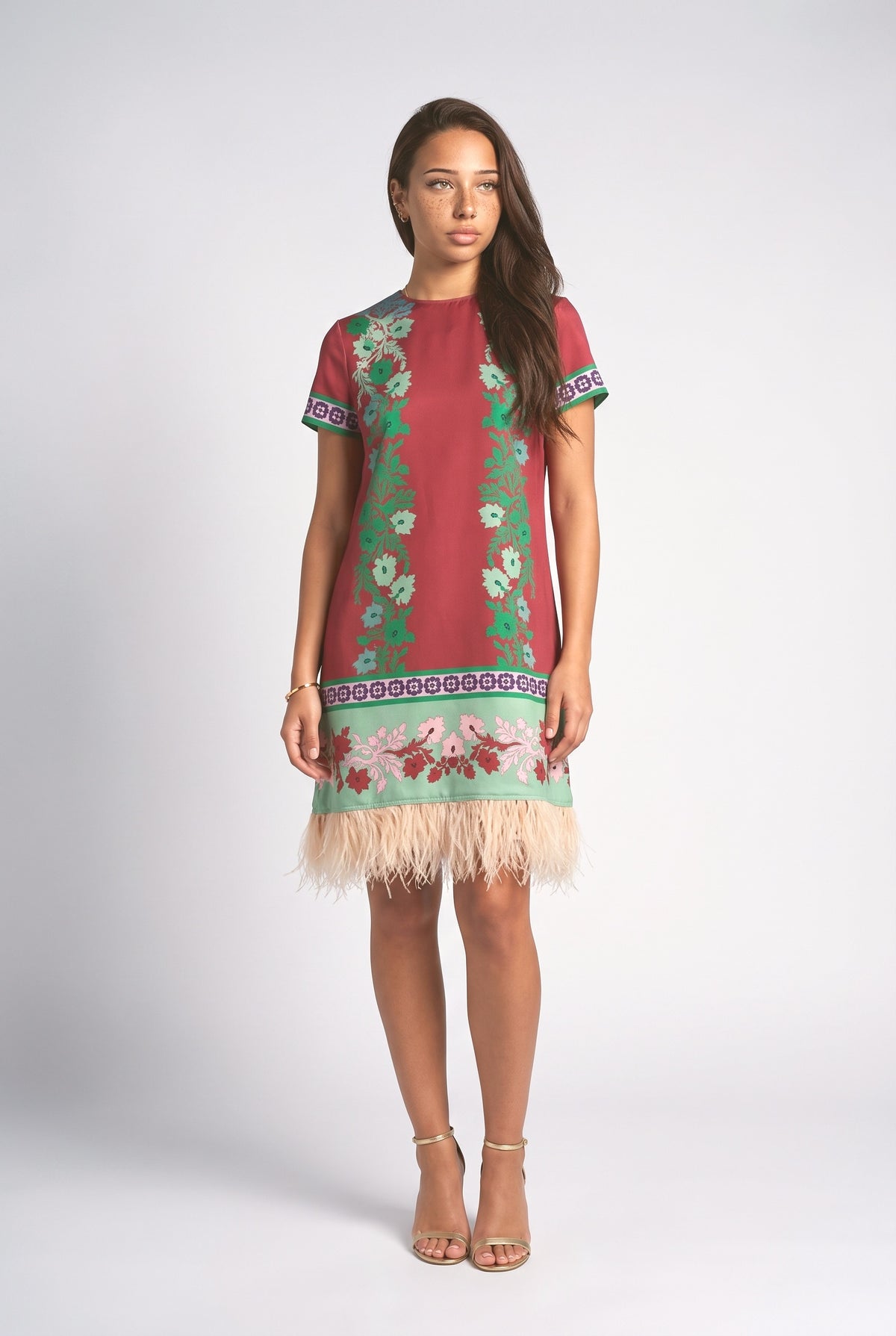 Red Floral Feather Trim Mini Dress, red