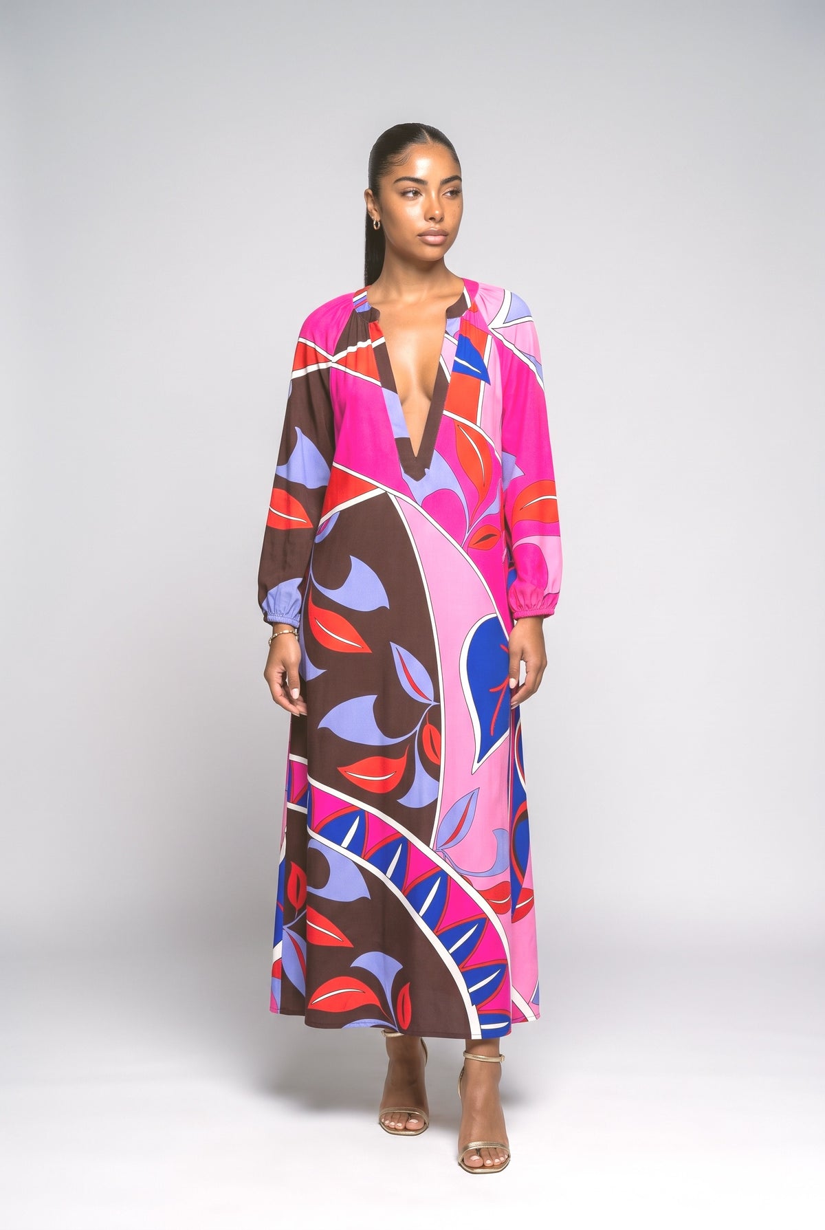 Bohemian V-Neck Printed Maxi Dress, red