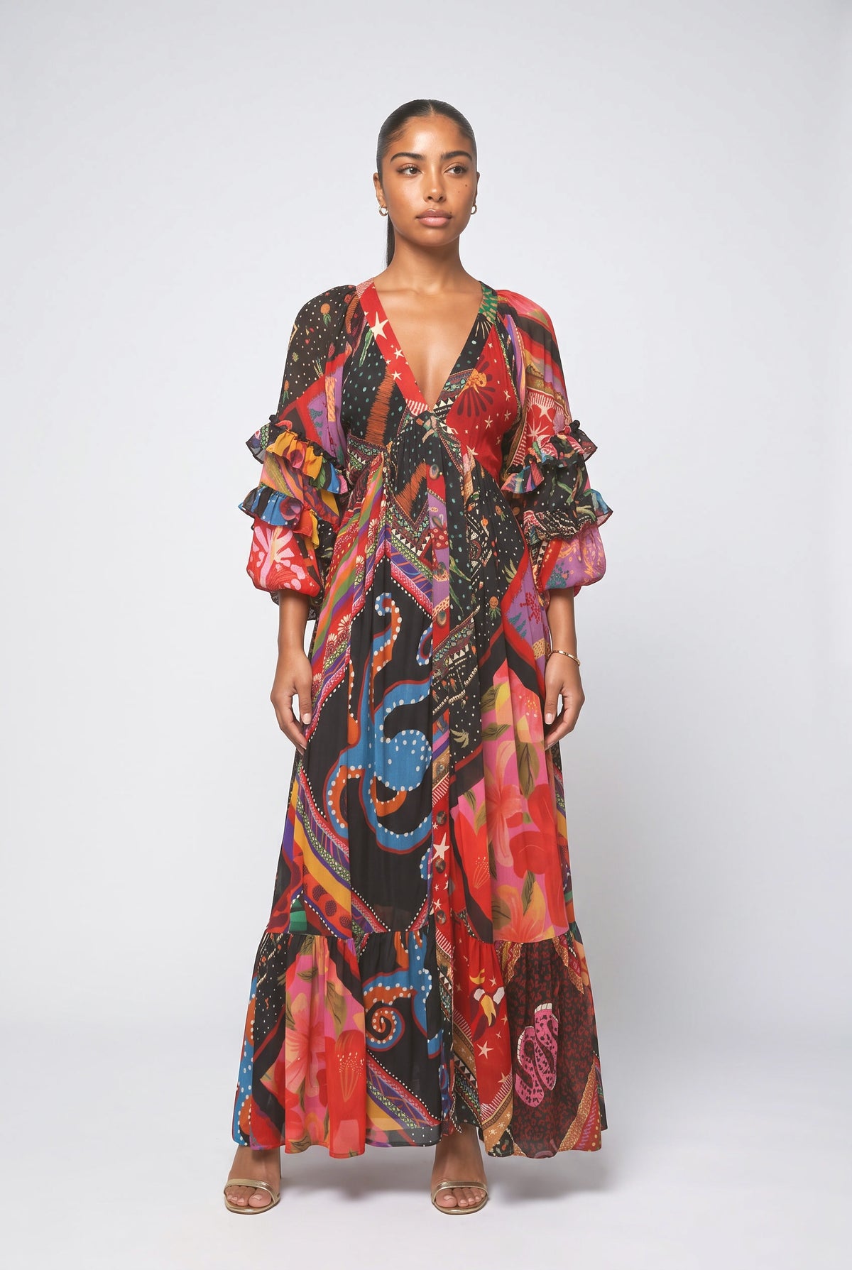 Red Floral V-Neck Maxi Dress, red