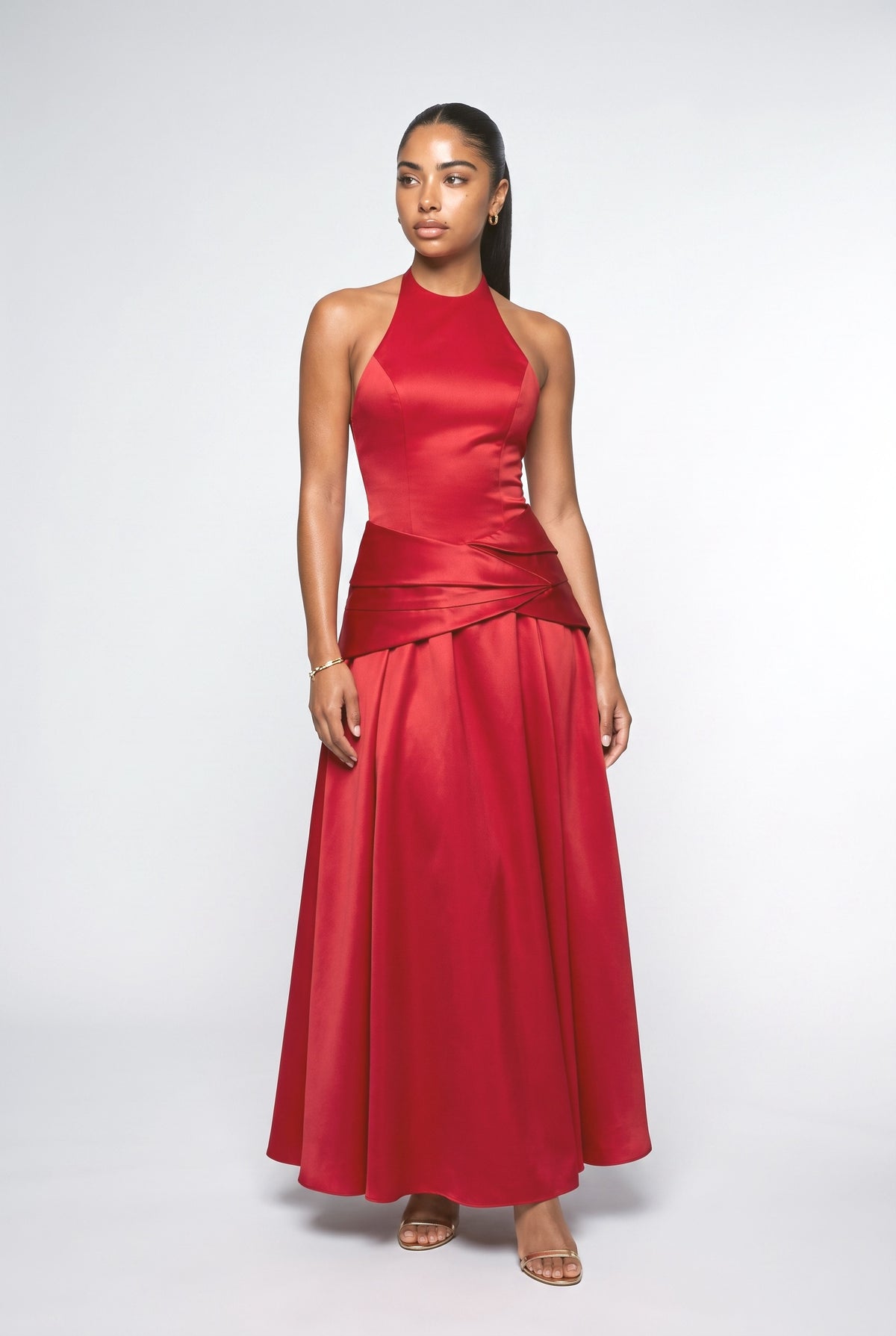 Satin Halter Neck Draped Outfit Set, red