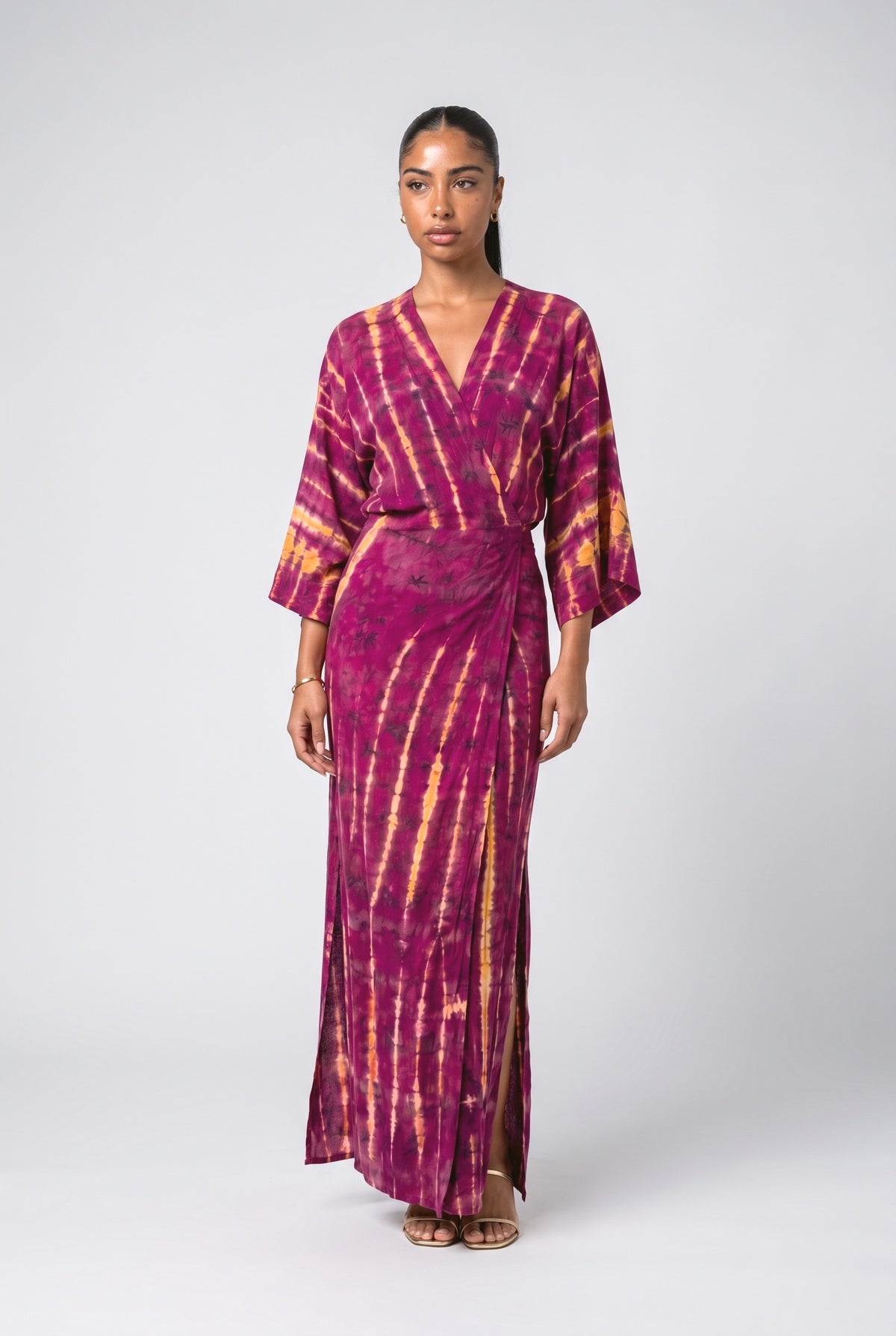 Print V-Neck Slit Maxi Dress, rose red