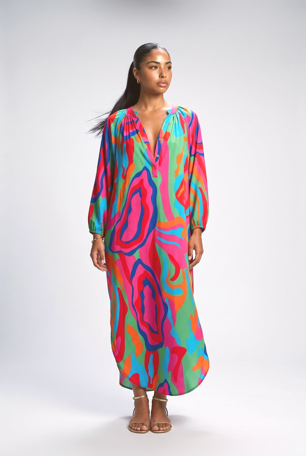 Print V-Neck Relaxed Dress, rose red