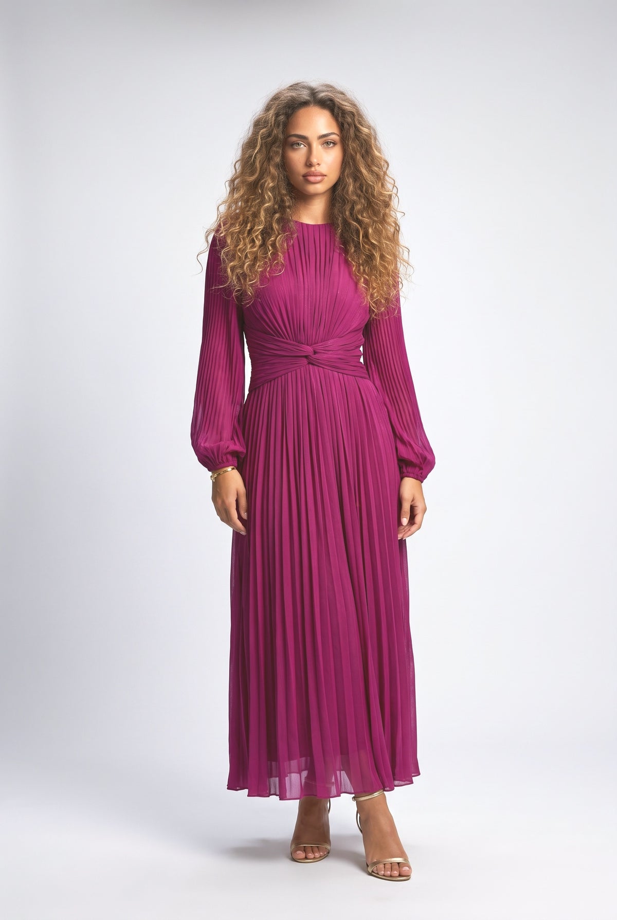 Pleated Flowy Long-Sleived Maxi Dress, rose red