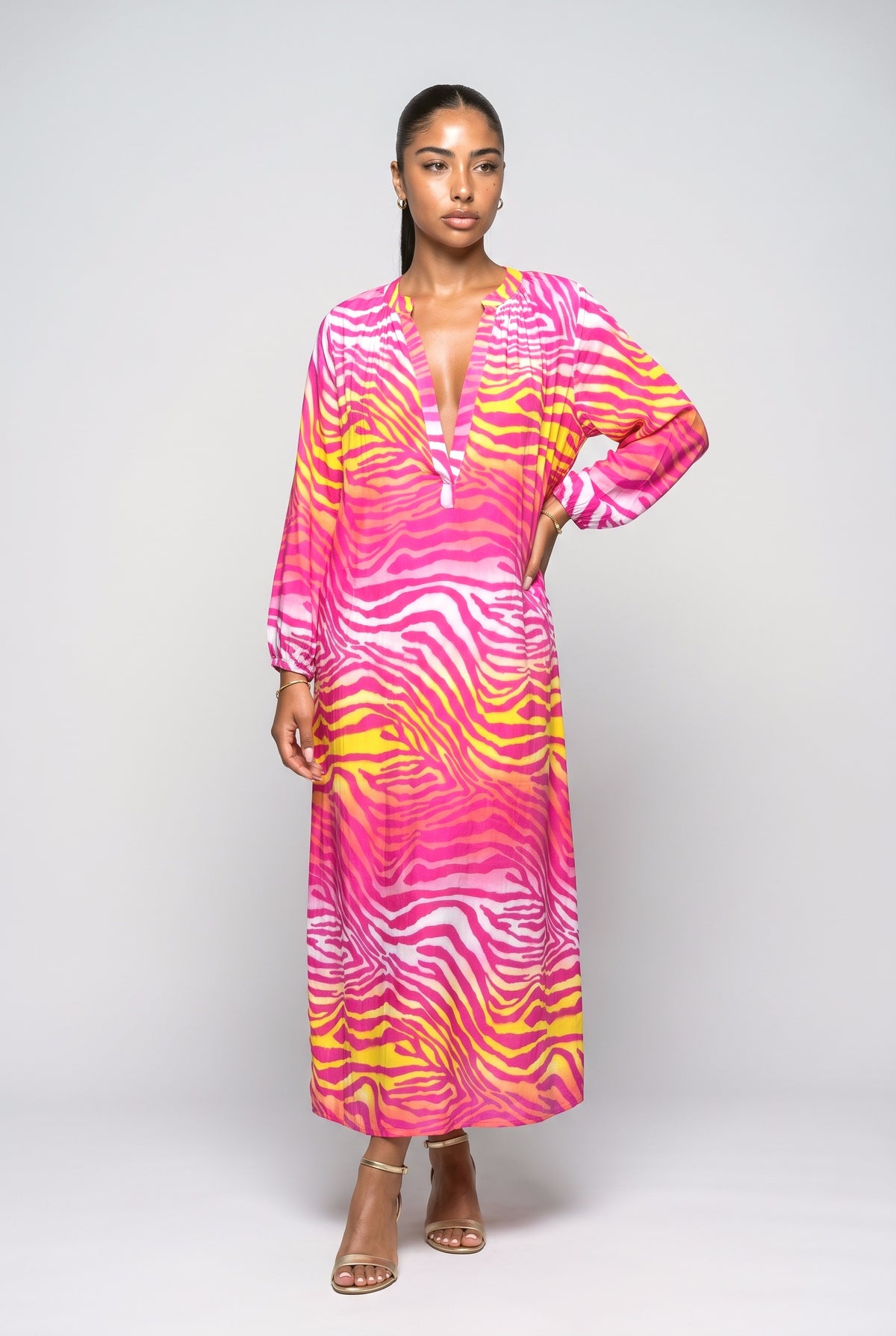 Bohemian V-Neck Printed Maxi Dress, rose red