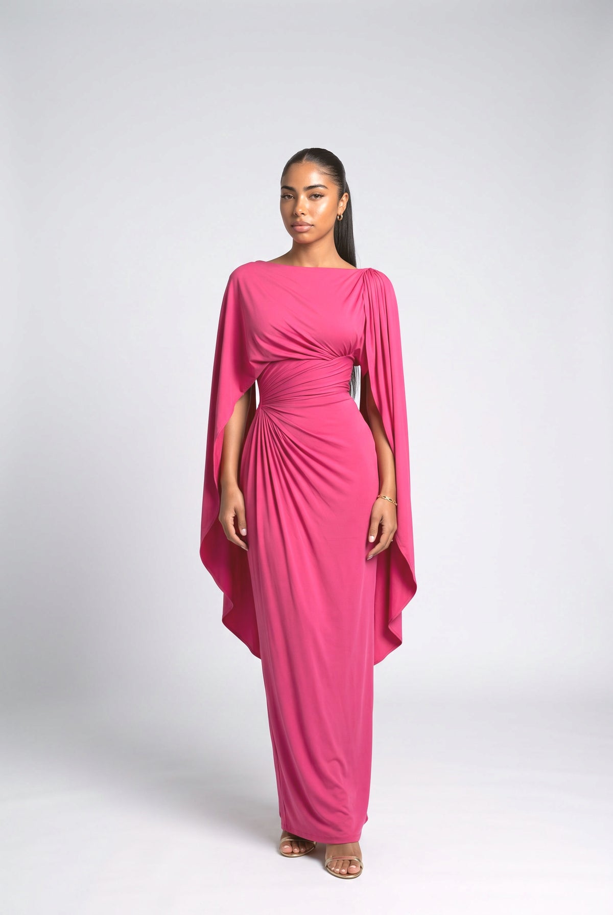 Boat Neck Pleated Slim Fit Maxi Dress, rose red