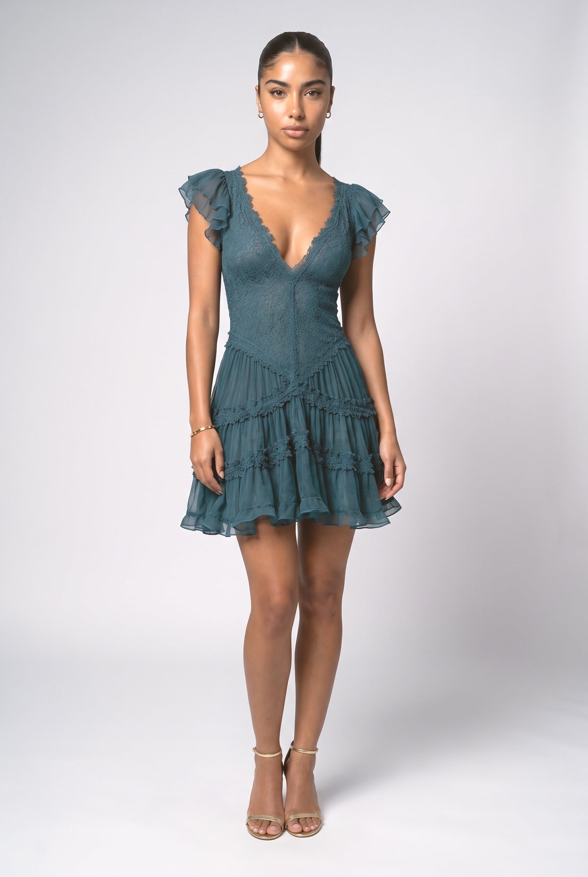 Blue Chiffon Ruffle Mini Dress, sea blue