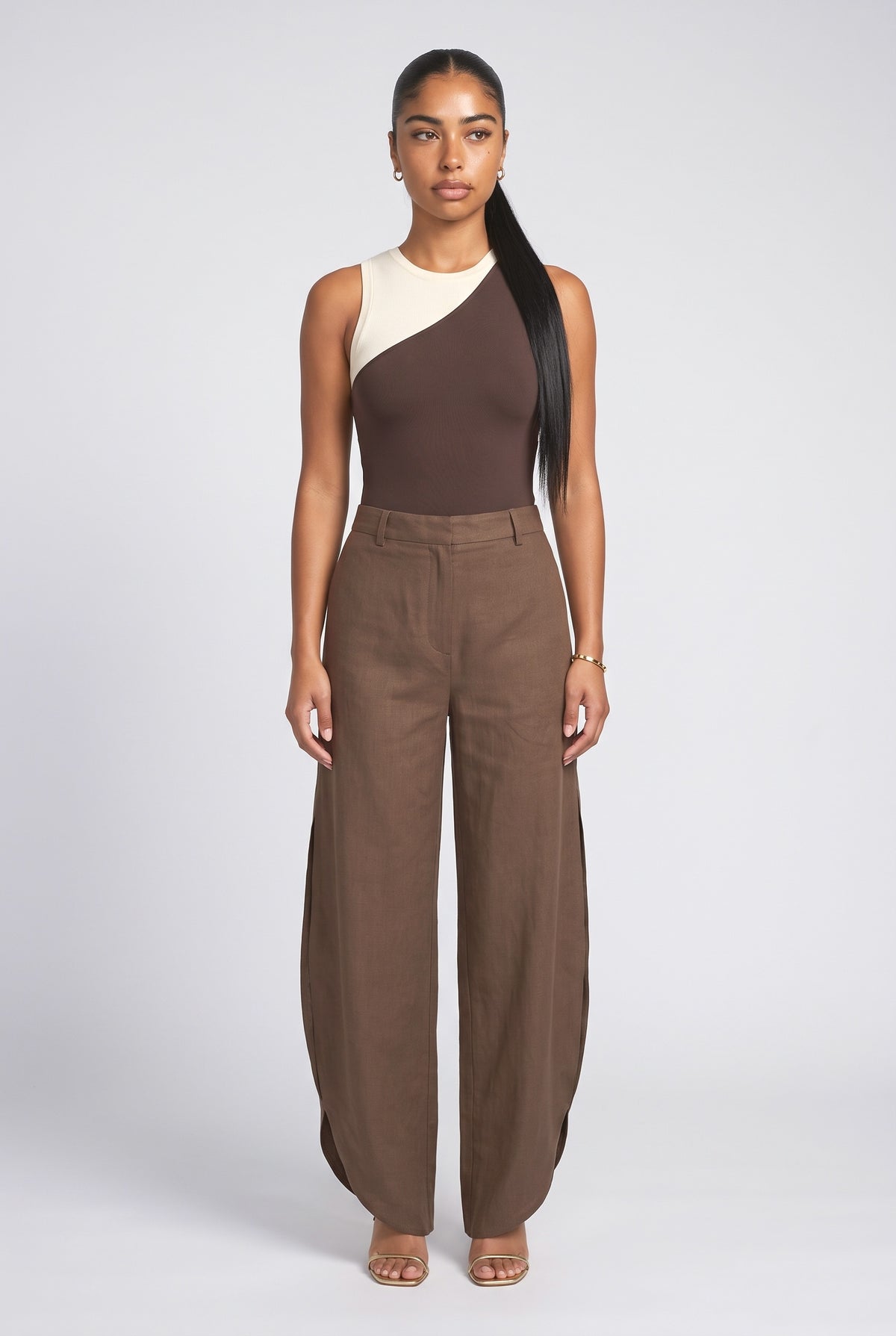 Oblique Collar Off-shoulder Bodysuits and Side Slits Wide Leg Pants Suit- Bodysuits, set