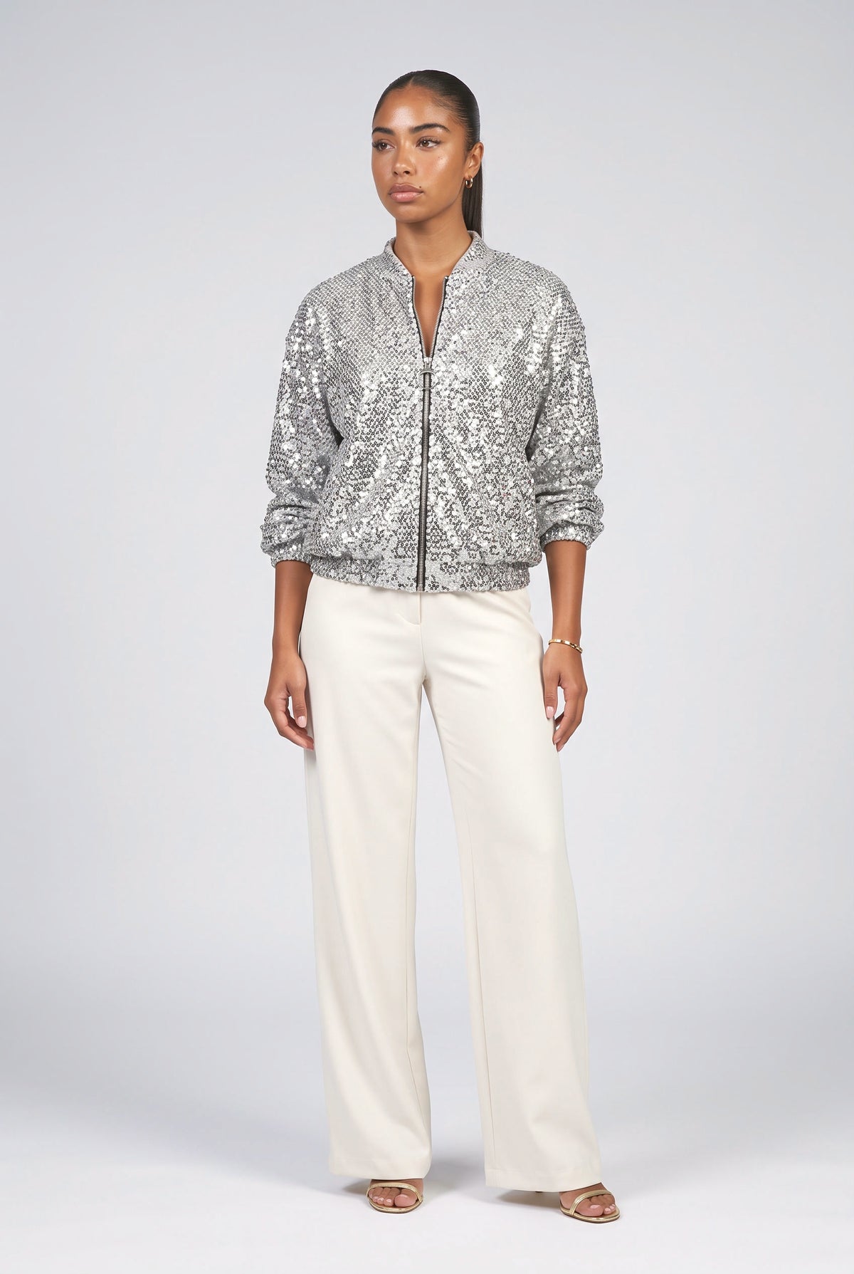 Sequin Long Sleeve Top, silver