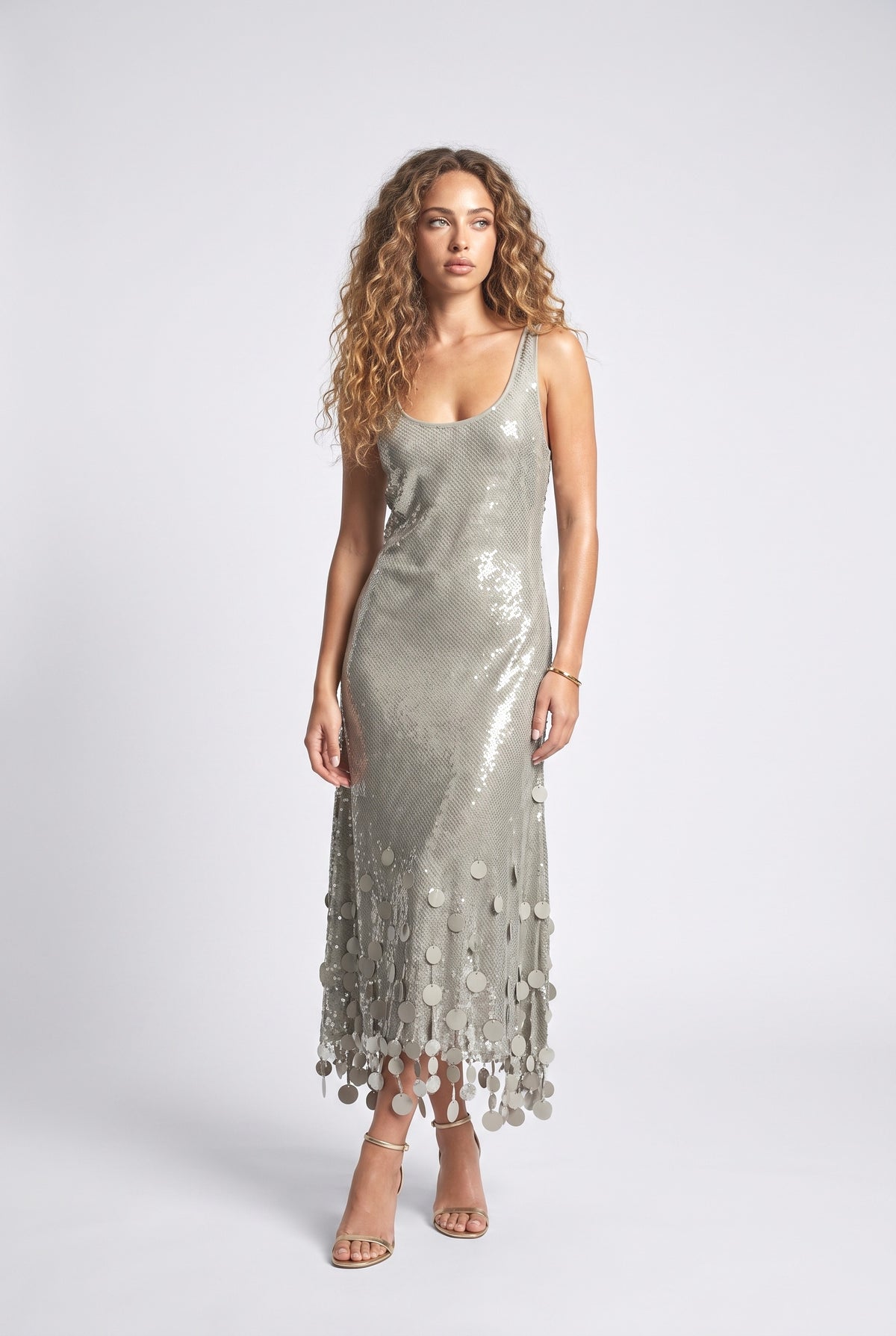 Sequin Cutout Maxi Dress, silver