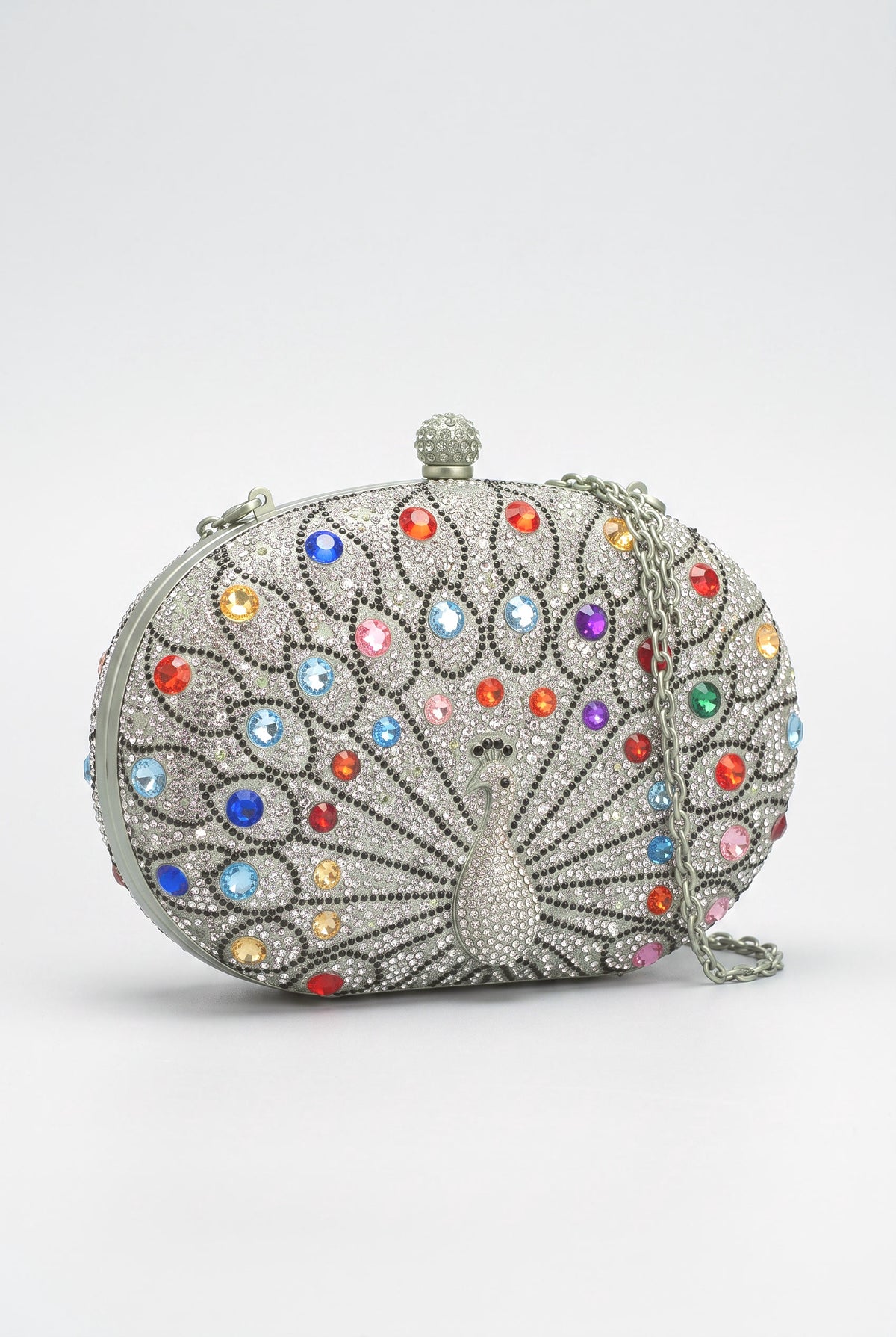 Peacock Rhinestone Party Clutch Bag, silver