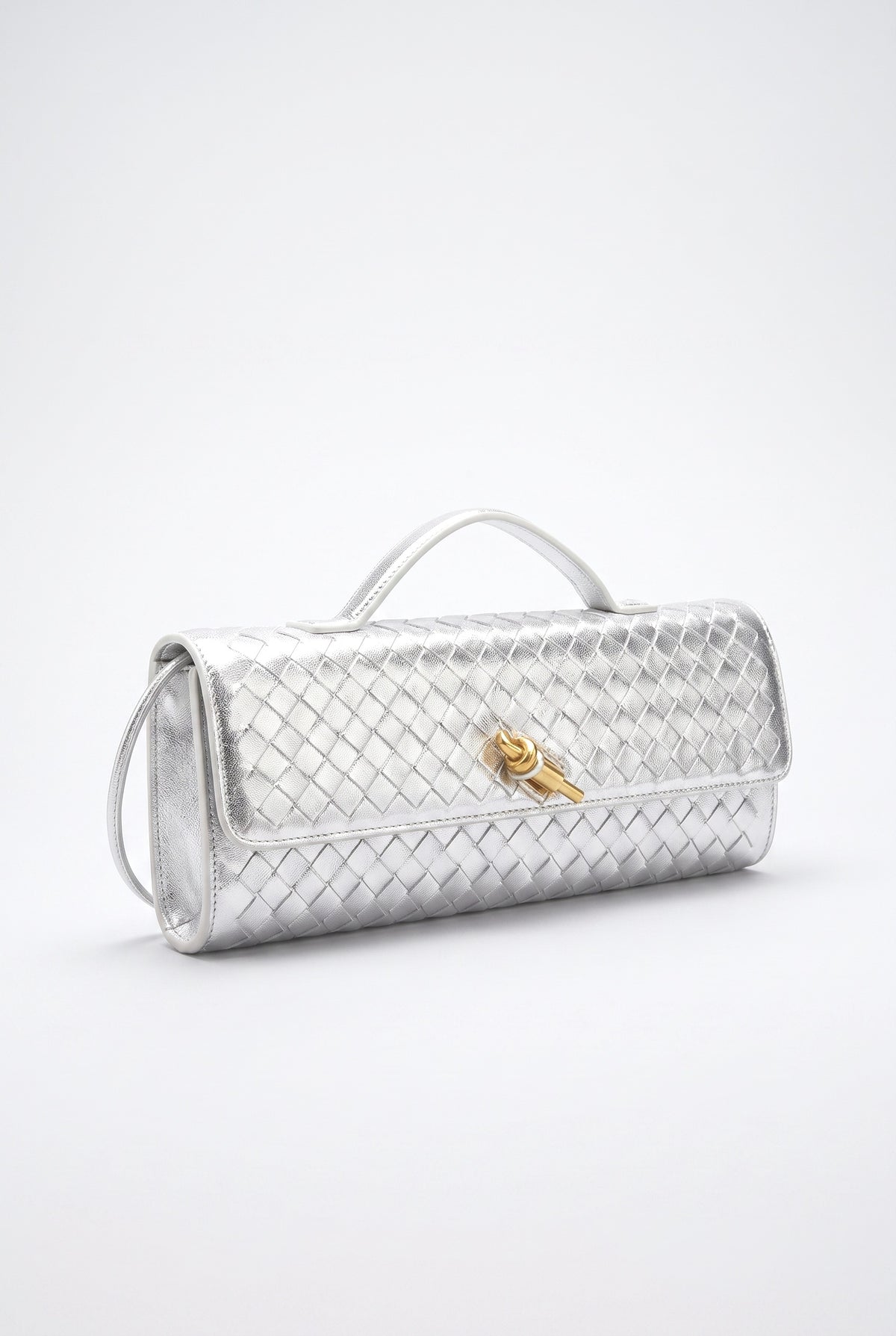 Two Way Woven Flap Clutch Shoulder Bag, sliver