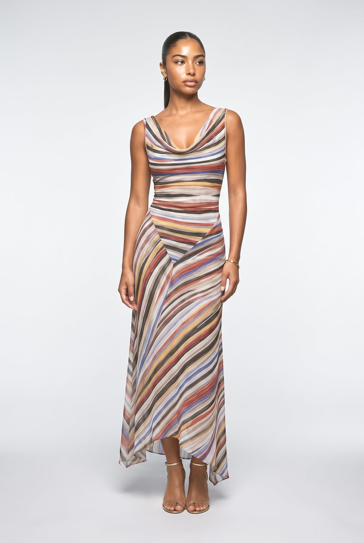 Swing Collar Striped Maxi Dress, striped print