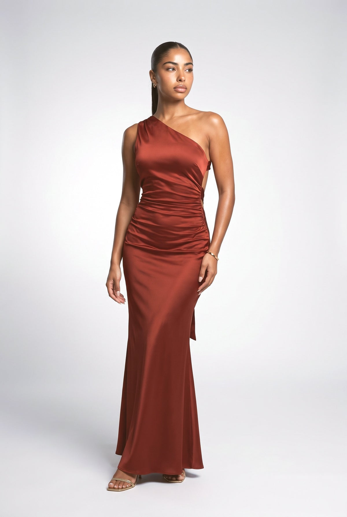 Satin One-Shoulder Ruched Maxi Dress, taupe