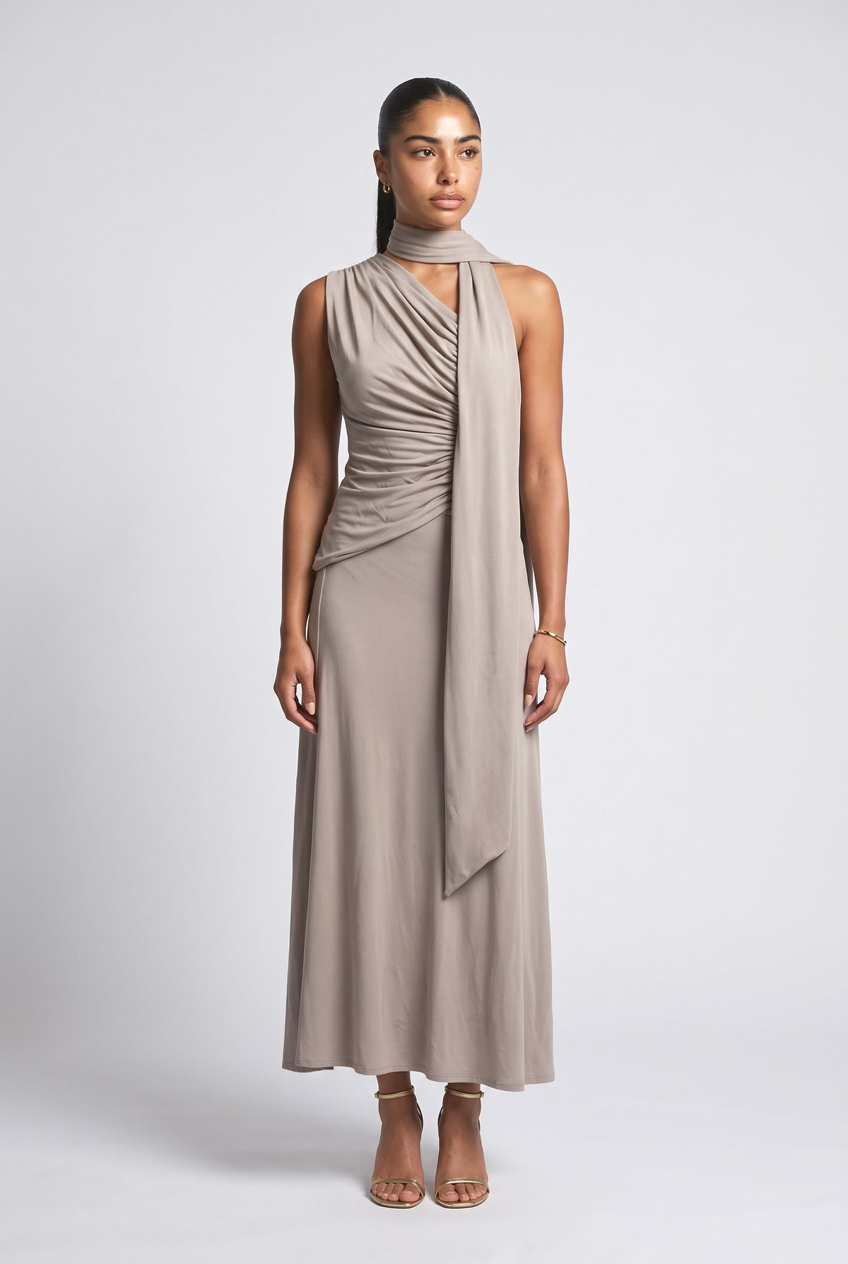 Brown One-Shoulder Ruched Maxi Dress, taupe