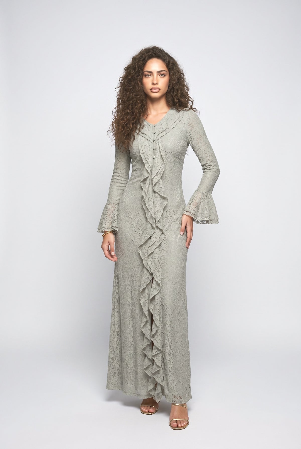 Ruffle Trim Long Sleeve Maxi Dress, white set