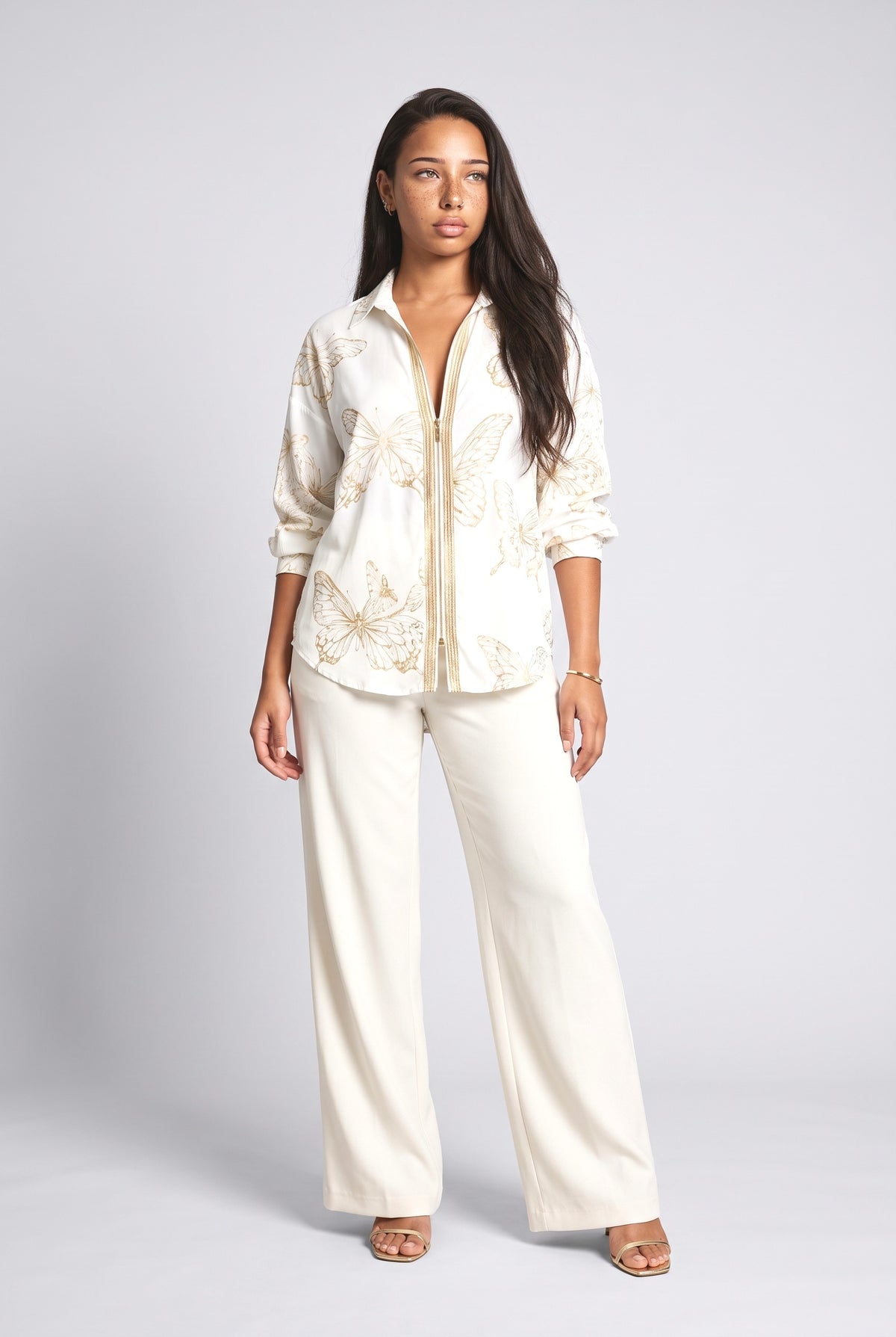 Butterfly Print Zip Shirt, white set